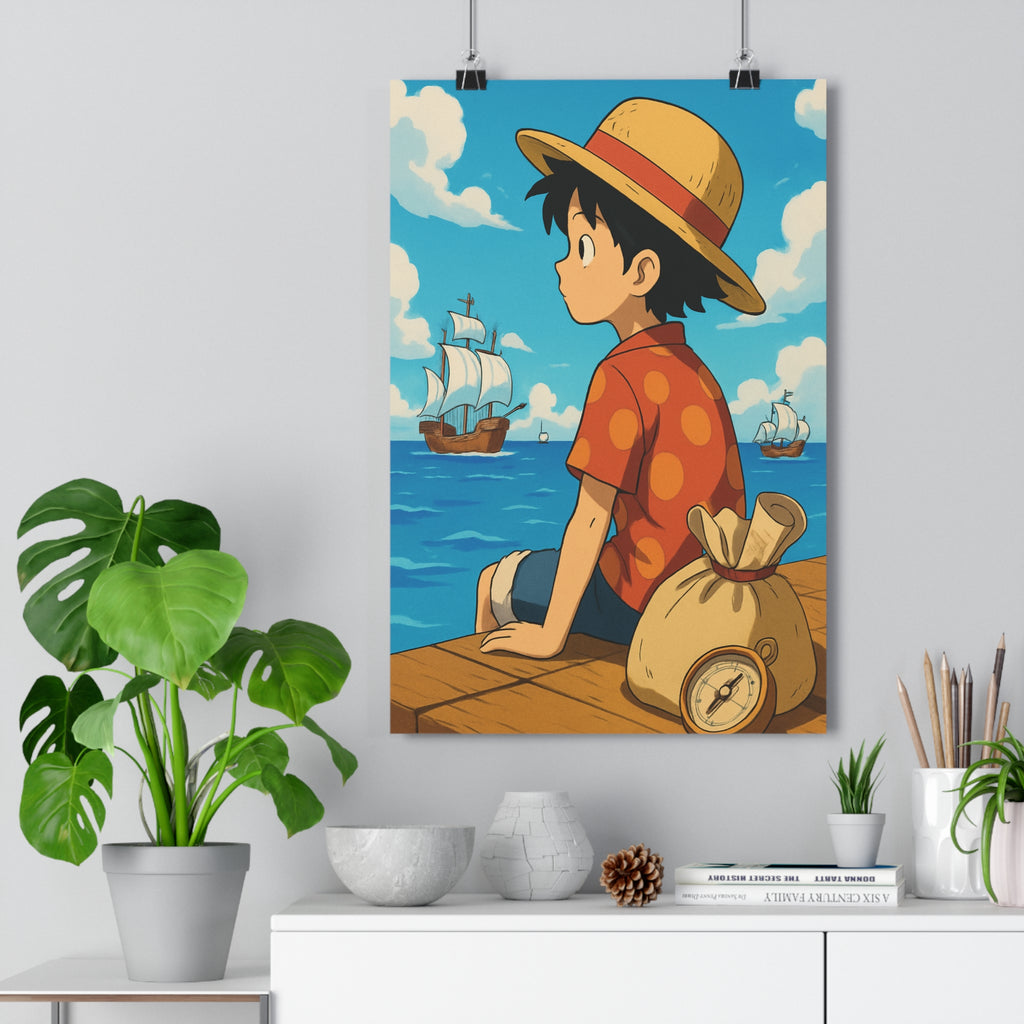 Poster décoratif cartoon océan bleu orange aventure détente chambre enfant exploration nautique boussole voiliers