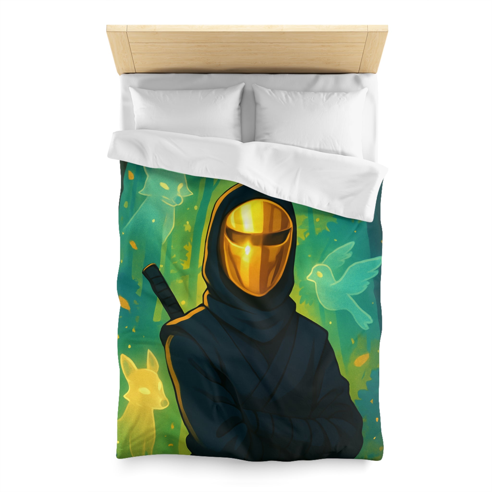 Housse de couette ninja doré avec animaux mystiques et forêts enchantées lumineuses