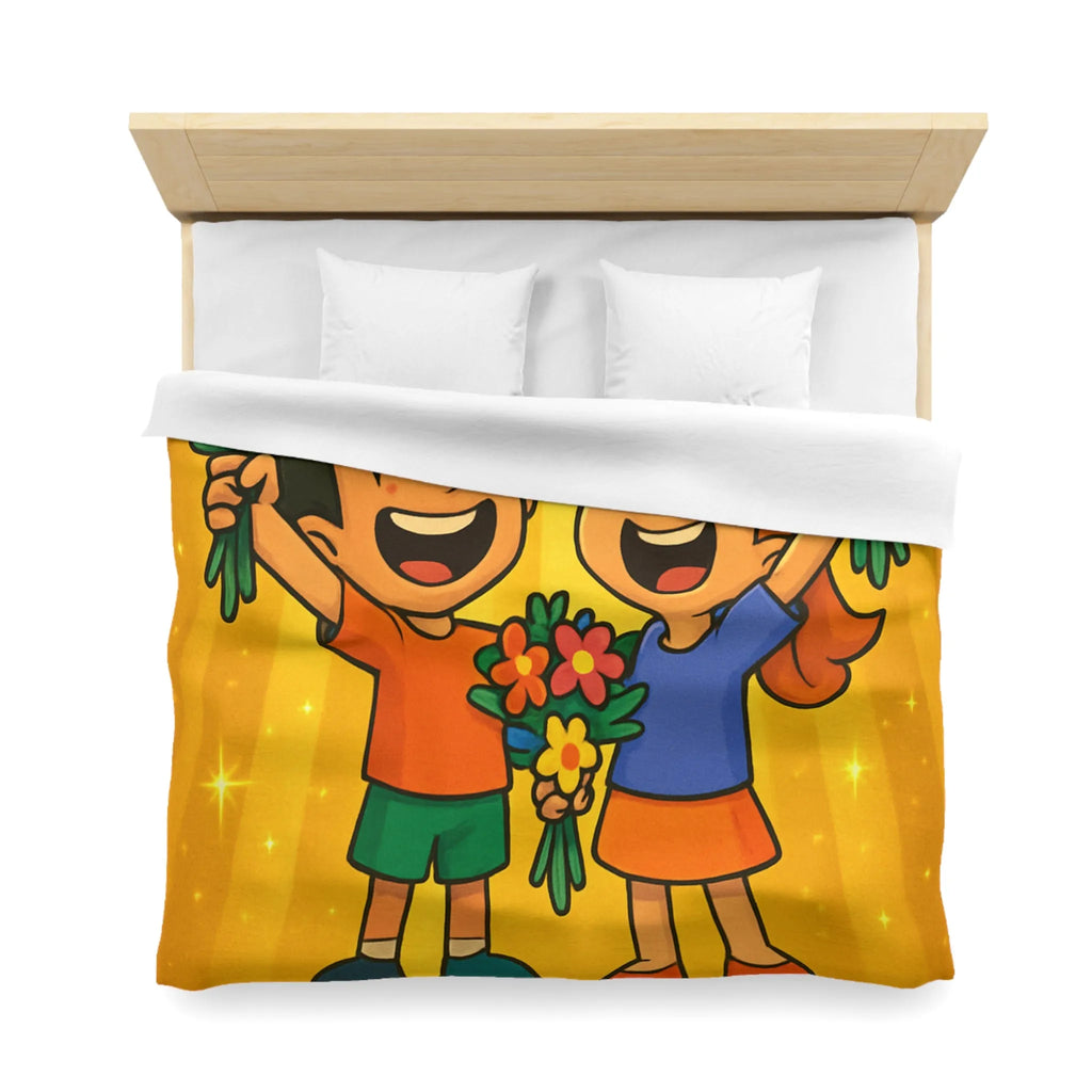 Dessin mignon d'enfants célébrant avec des bouquets de fleurs illuminés de rayons dorés