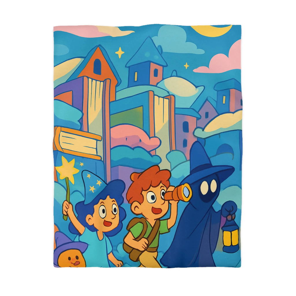 Housse de couette magique enfants avec illustration de sorcier, château et ciel étoilé