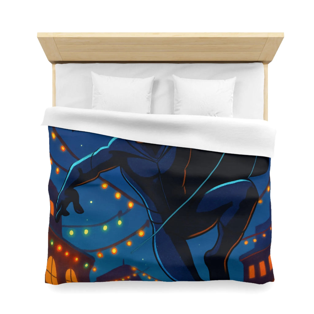 Housse de couette avec héros nocturne, ciel étoilé et décorations festives lumineuses