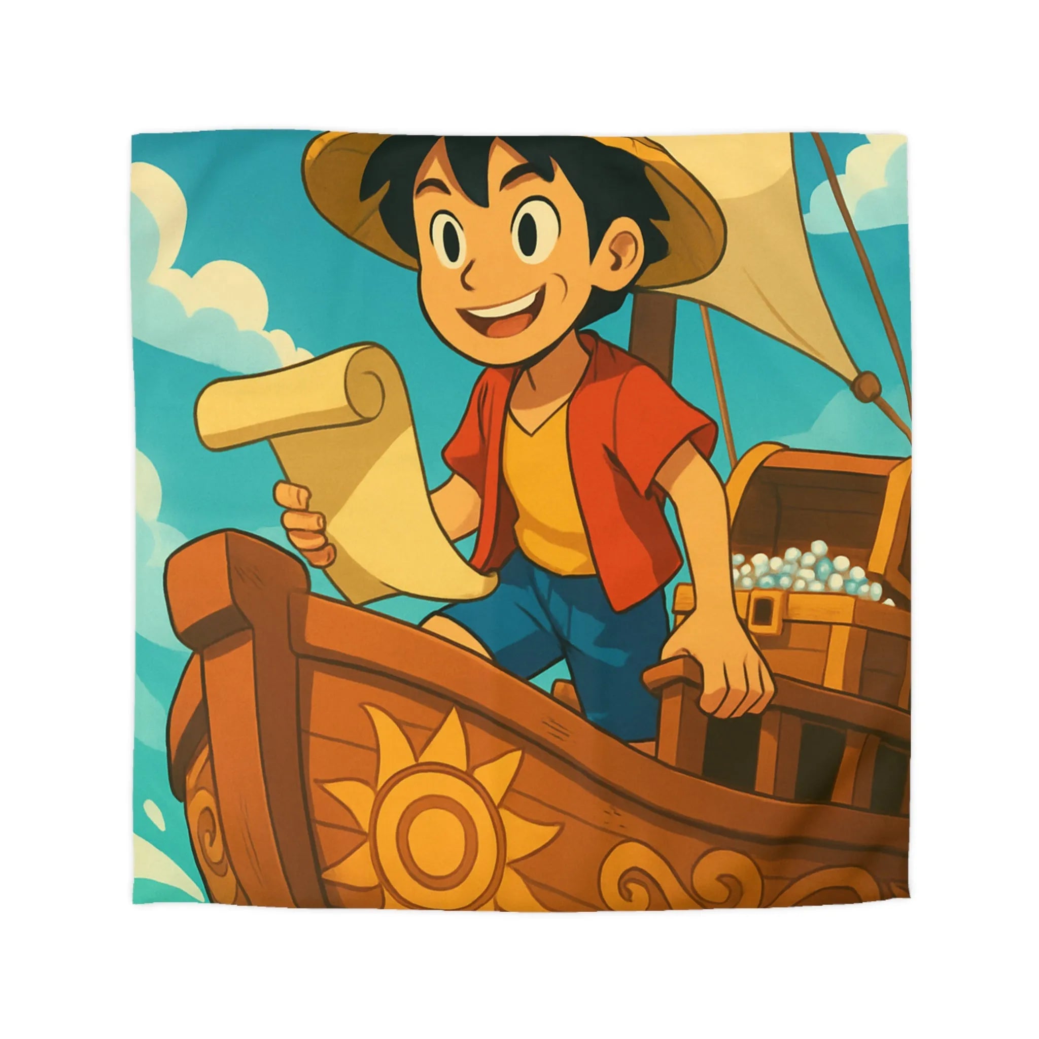 Douce housse de couette enfant motif pirate joyeux en bateau sur vagues bleues