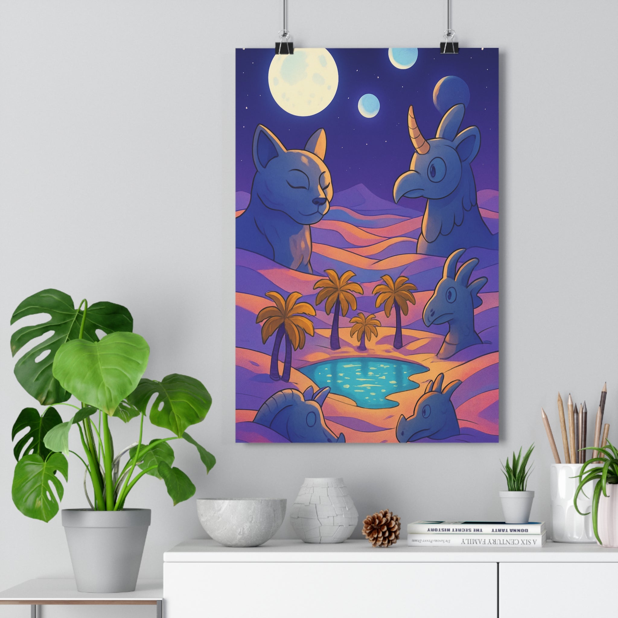 Poster décoratif désertique onirique couleurs chaudes cartoon mystique salon chambre 30x46 fantasy oasis qualité