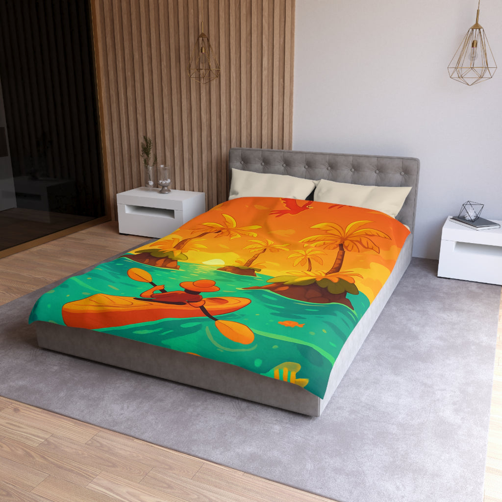 Housse de couette tropicale vibrante avec kayak, palmiers et perroquets au coucher de soleil