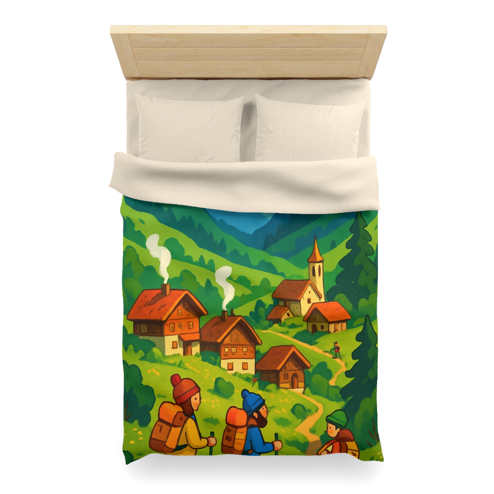 Housse de Couette Montagne avec Aventureurs, Chalets et Paysage Montagnard Enneigé