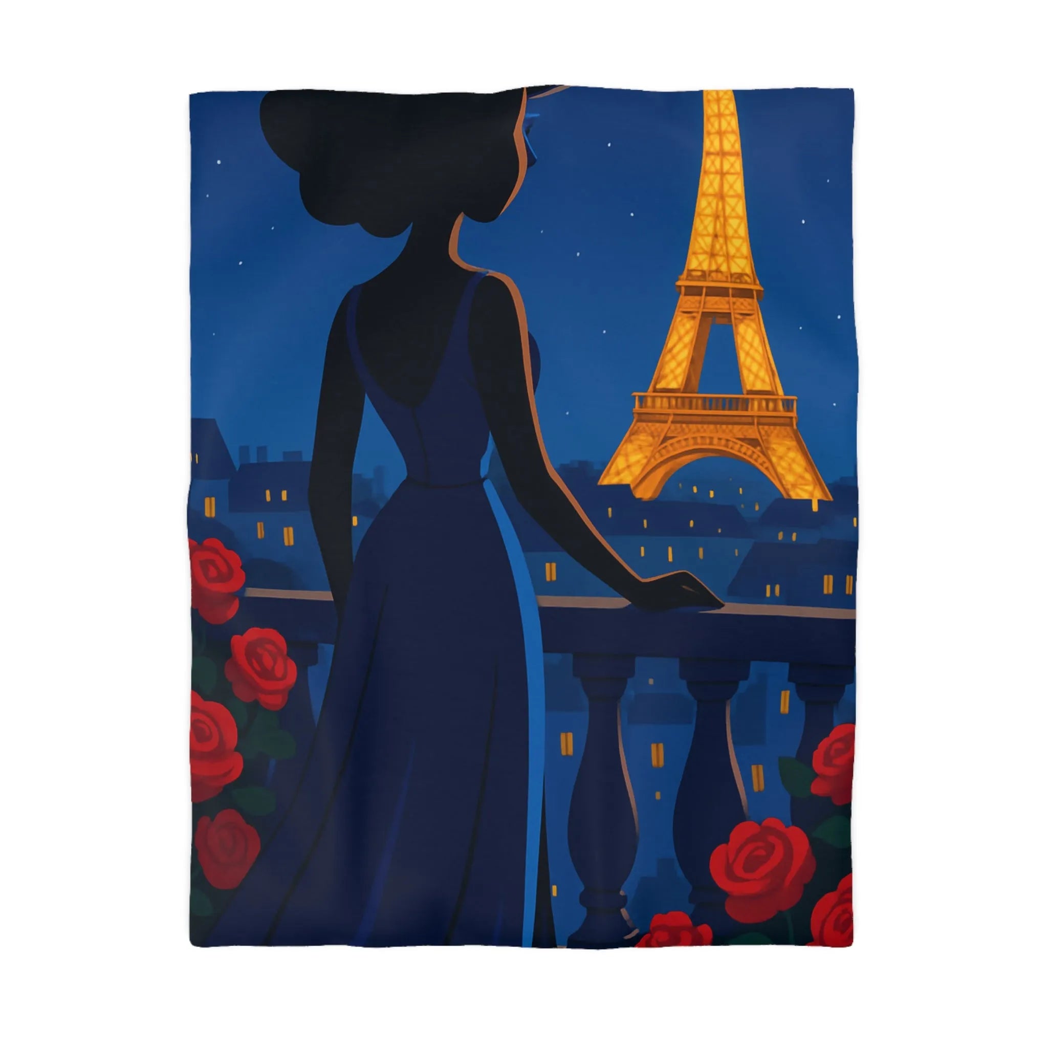 Housse de couette élégante avec vue nocturne sur Paris et roses rouges vibrantes