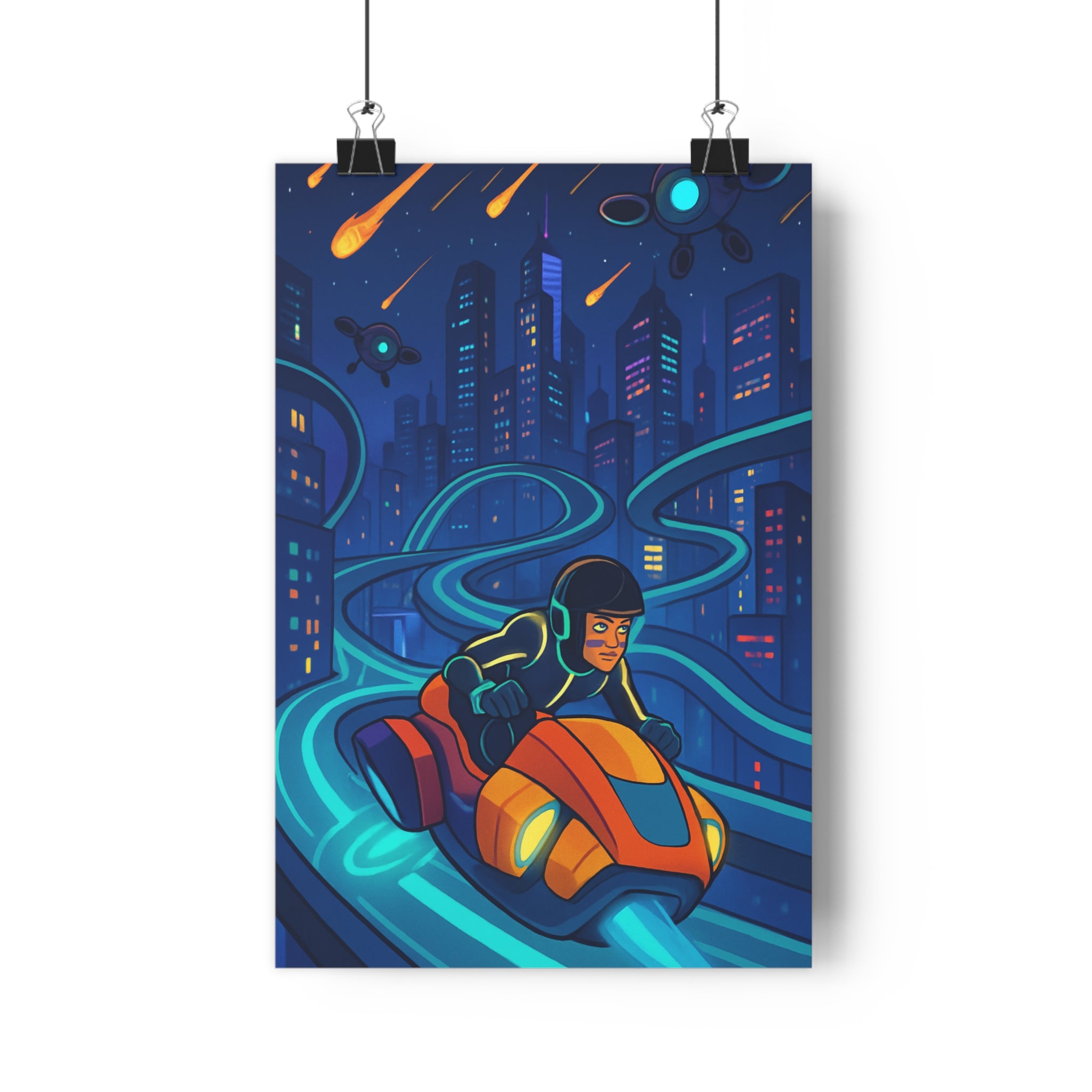 Poster décoratif futuriste moto volante bleu orange jaune cyberpunk chambre gamer dynamique urbain moderne