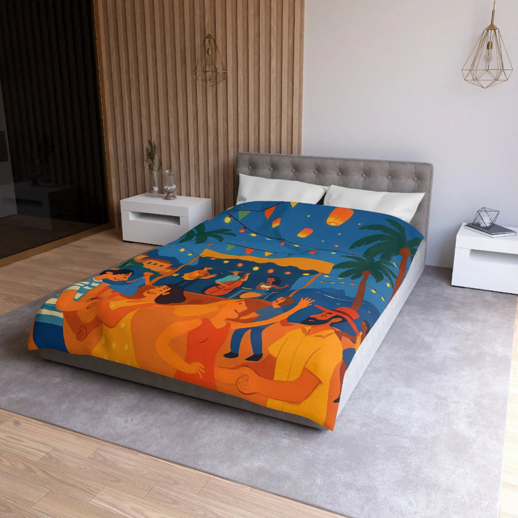 Housse de couette estivale scène festivale tropicale avec danseurs et lanternes lumineuses