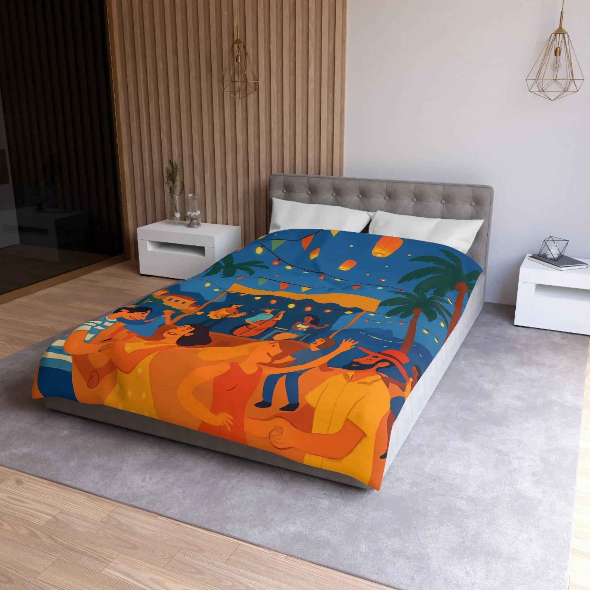 Housse de couette estivale scène festivale tropicale avec danseurs et lanternes lumineuses