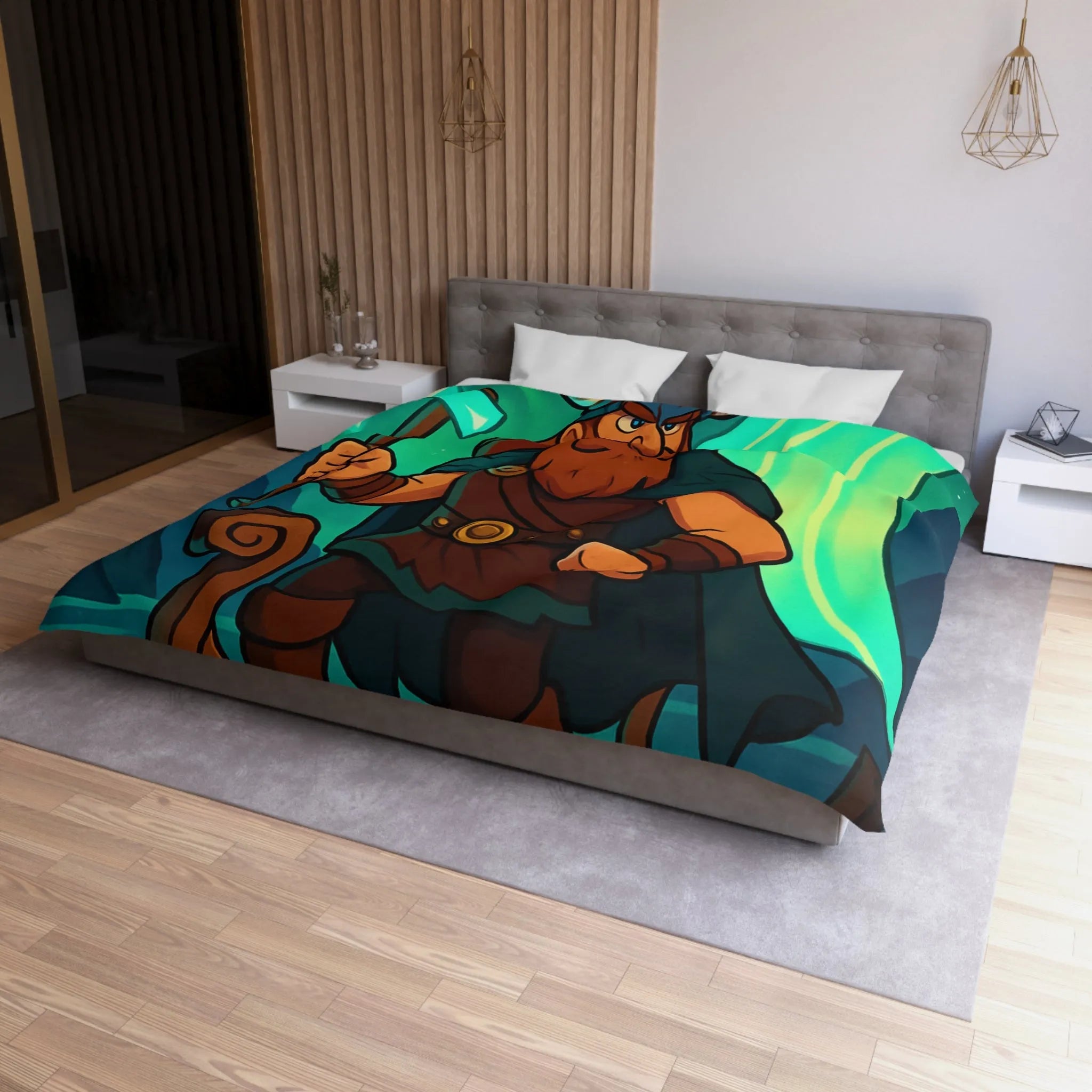 Housse de couette épique viking avec aurore boréale et bateau en pleine mer