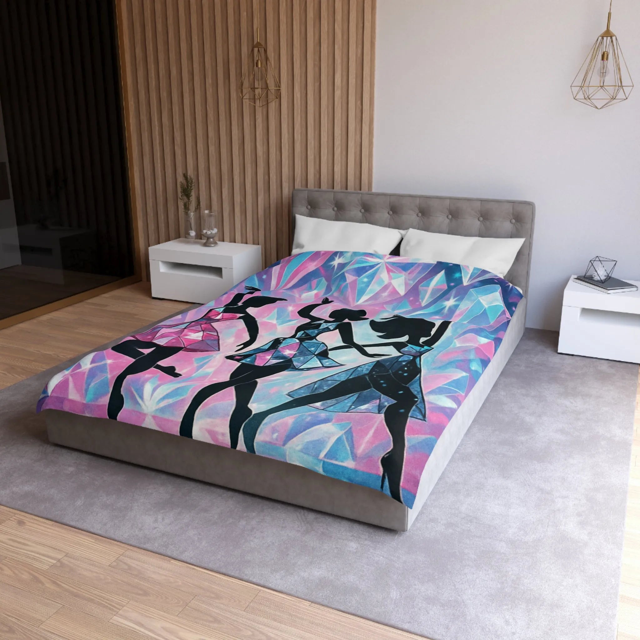 Élégantes silhouettes de danseuses avec motifs géométriques sur fond cristallin scintillant