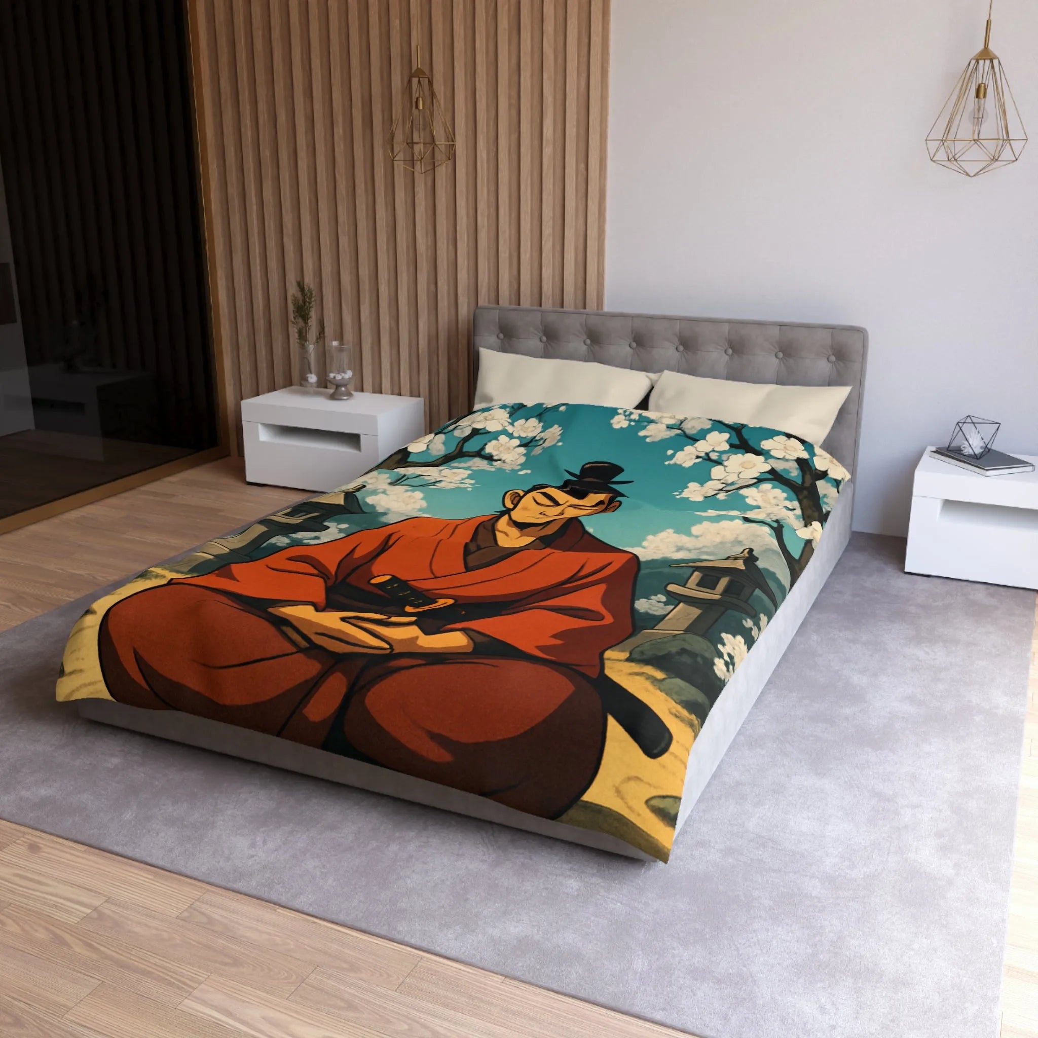 Housse de couette avec design de méditation sereine sous cerisiers en fleurs