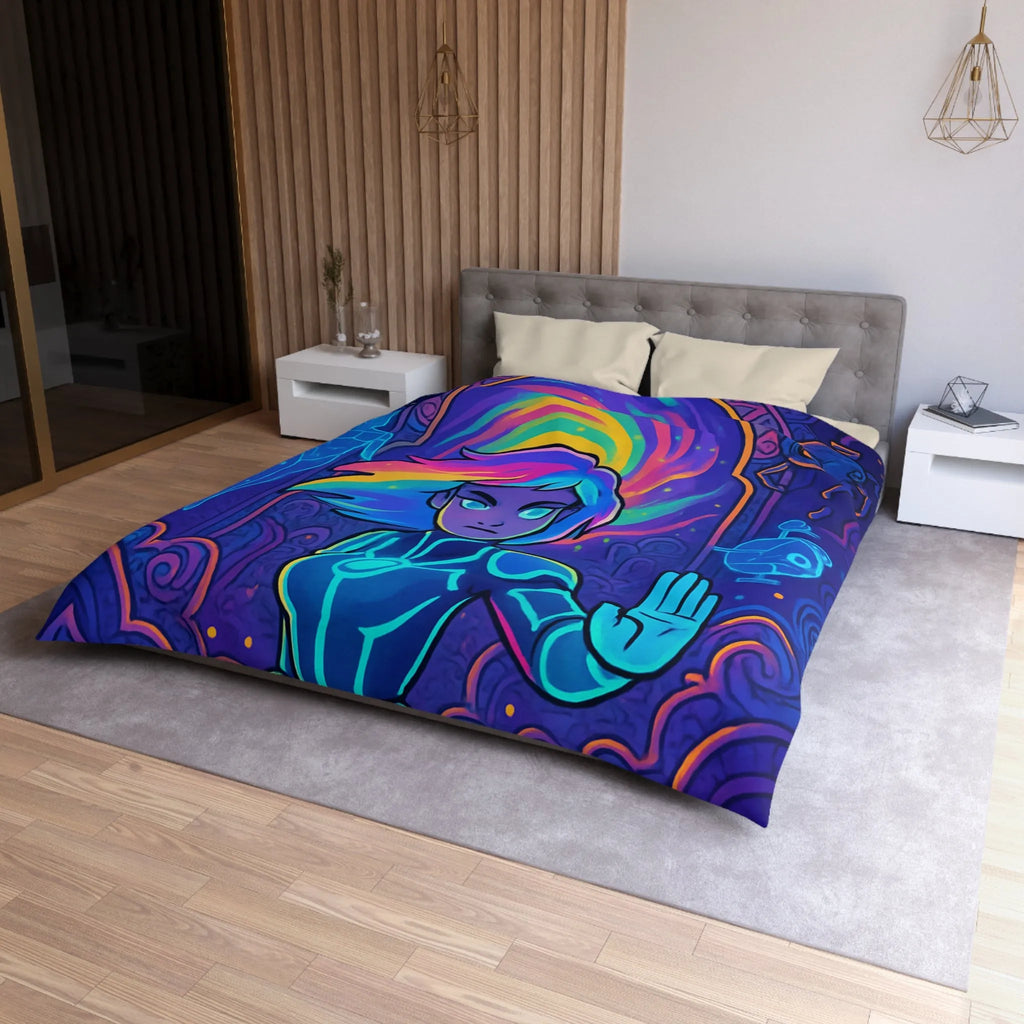 Housse de couette futuriste avec design néon multicolore et personnage dynamique