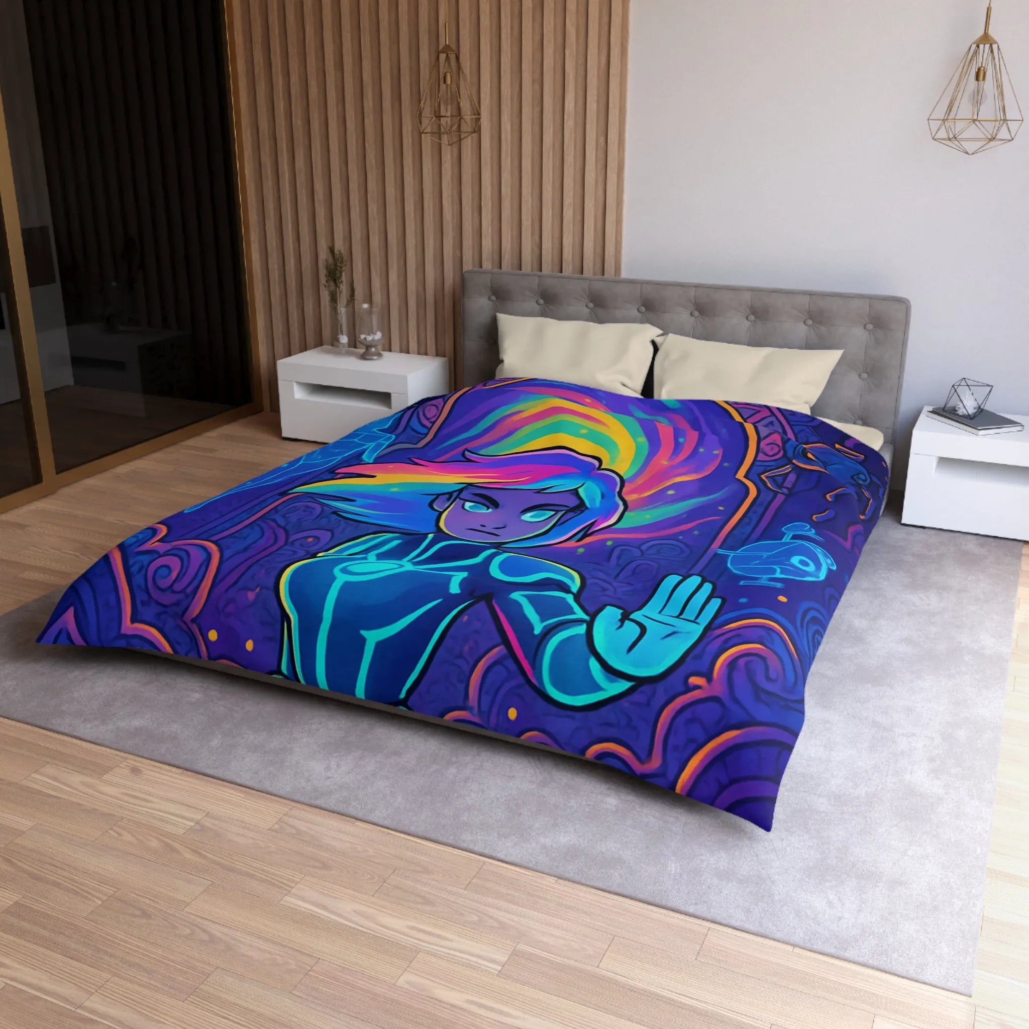 Housse de couette futuriste avec design néon multicolore et personnage dynamique