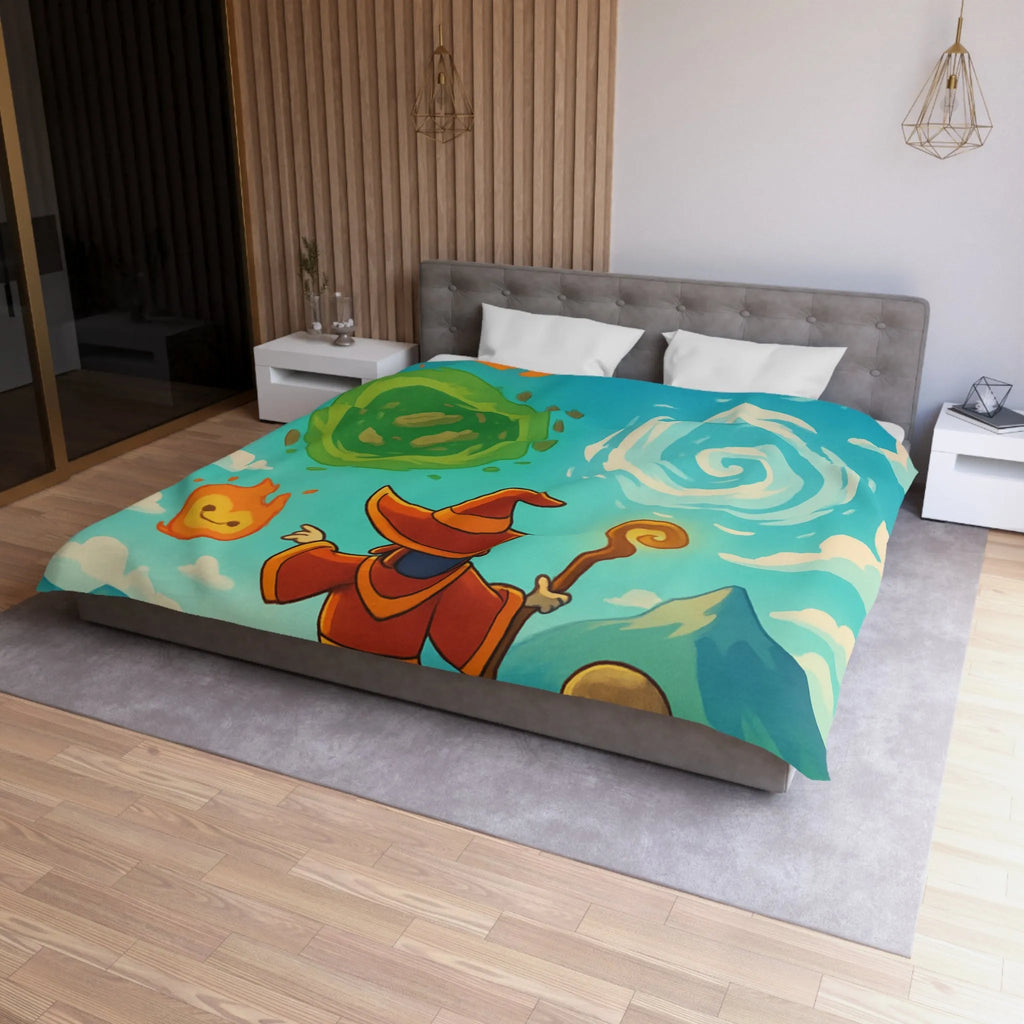 Housse de couette avec illustration magique de sorcier, élémentaires et paysage vibrant