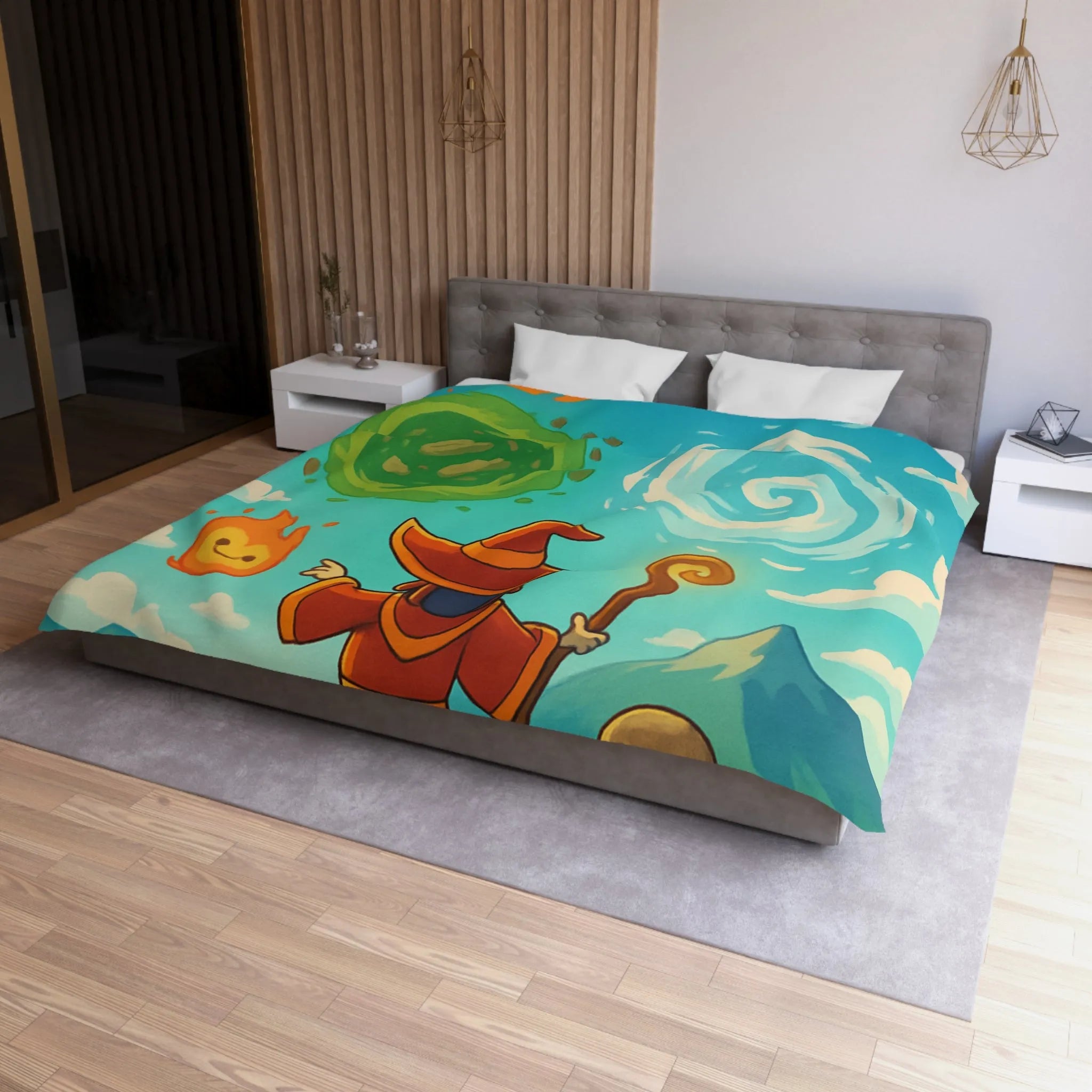 Housse de couette avec illustration magique de sorcier, élémentaires et paysage vibrant