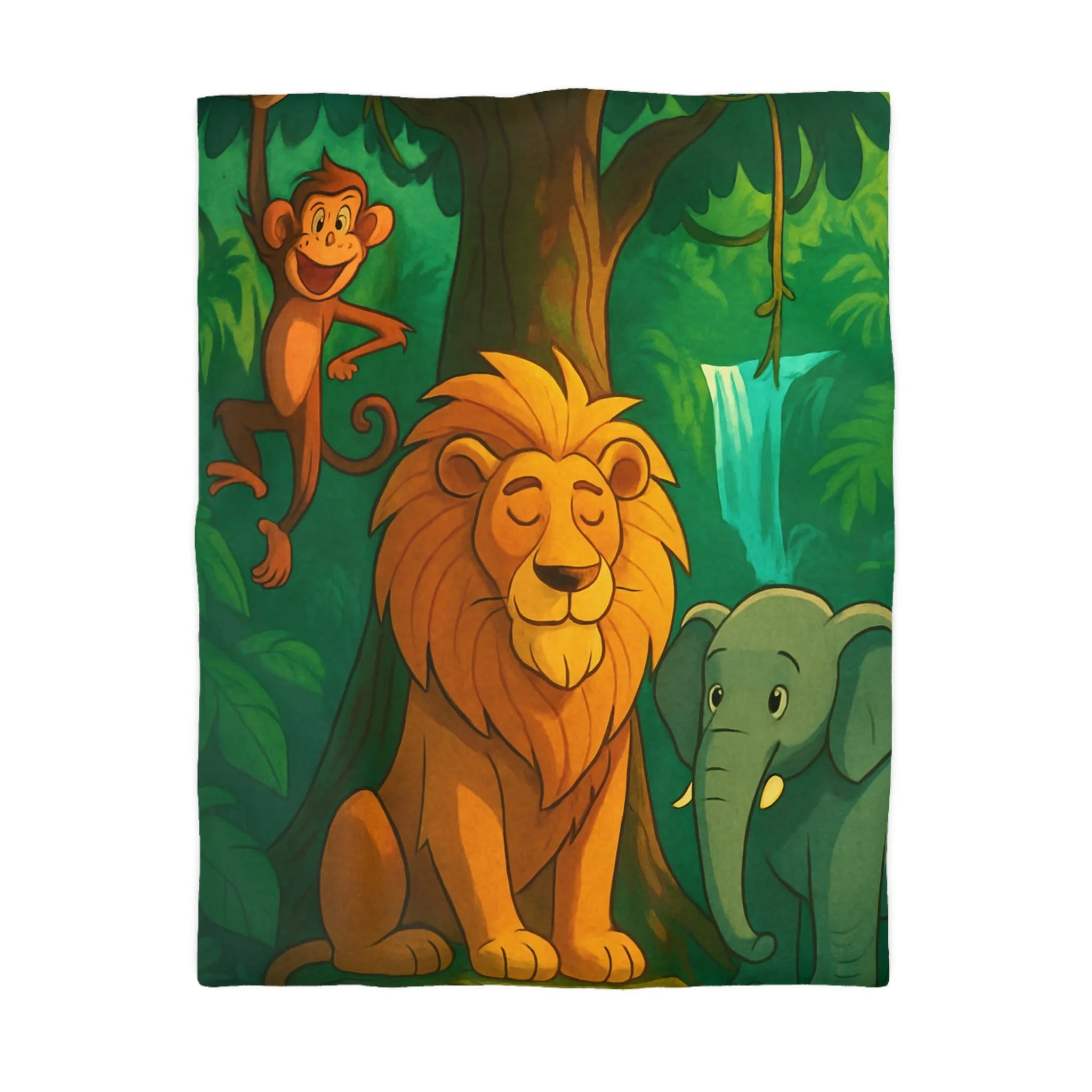 Housse de Couette Jungle Enchantée avec Lion, Singe, Éléphant et Chute d’Eau Magique
