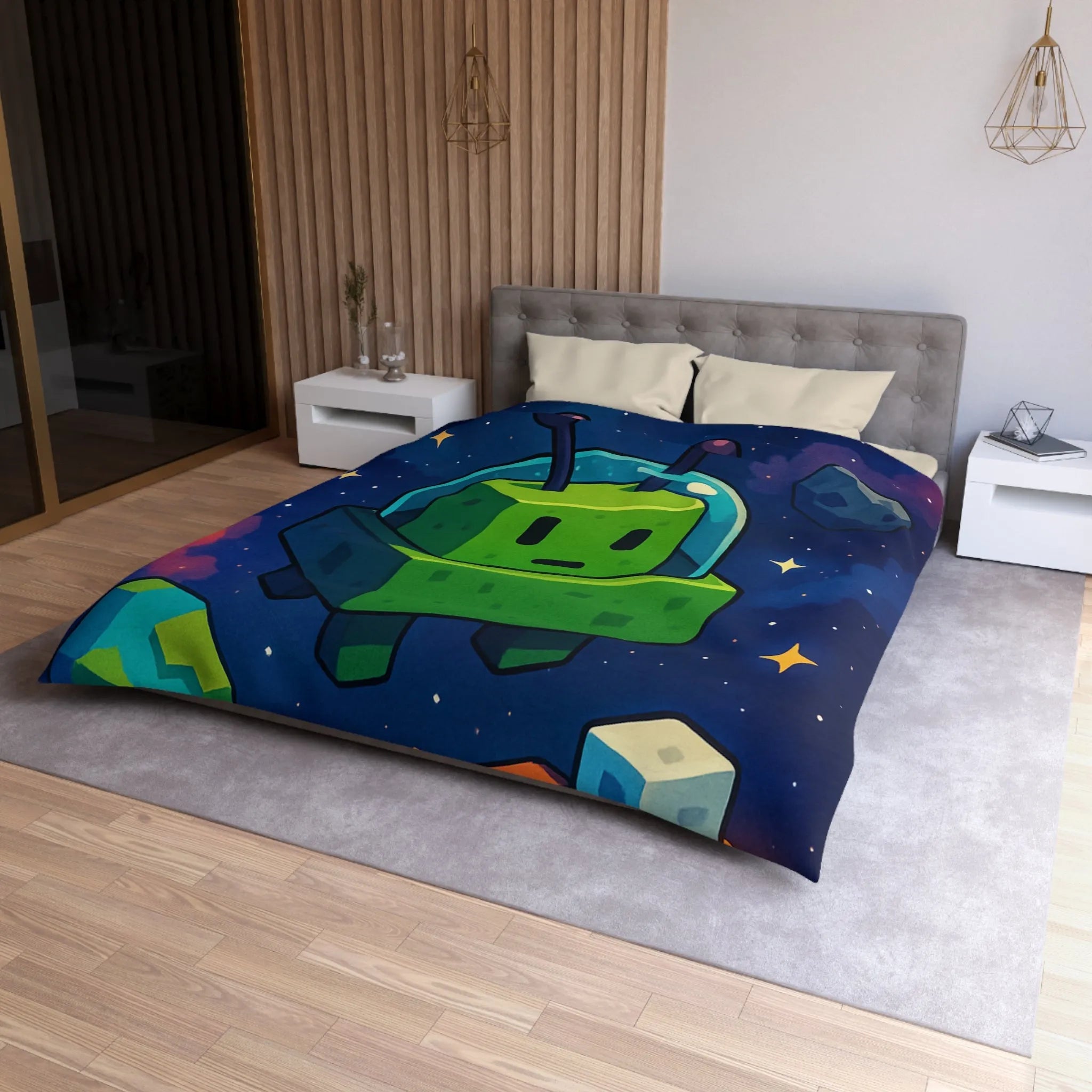 Housse de Couette Cosmos mignon extraterrestre vert cubique et planètes pixelisées