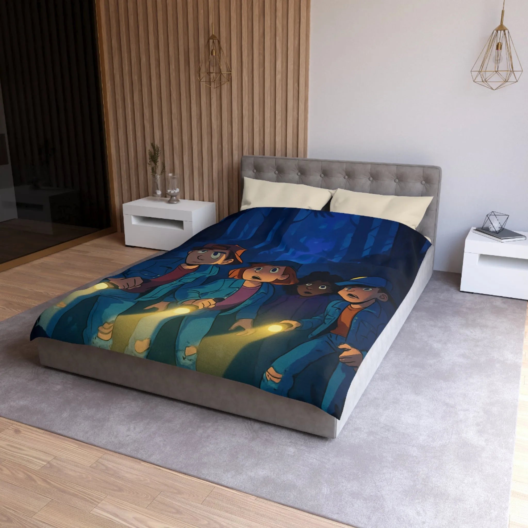 Housse de couette forêt mystérieuse enfants explorateurs avec lampes de poche illustration nocturne