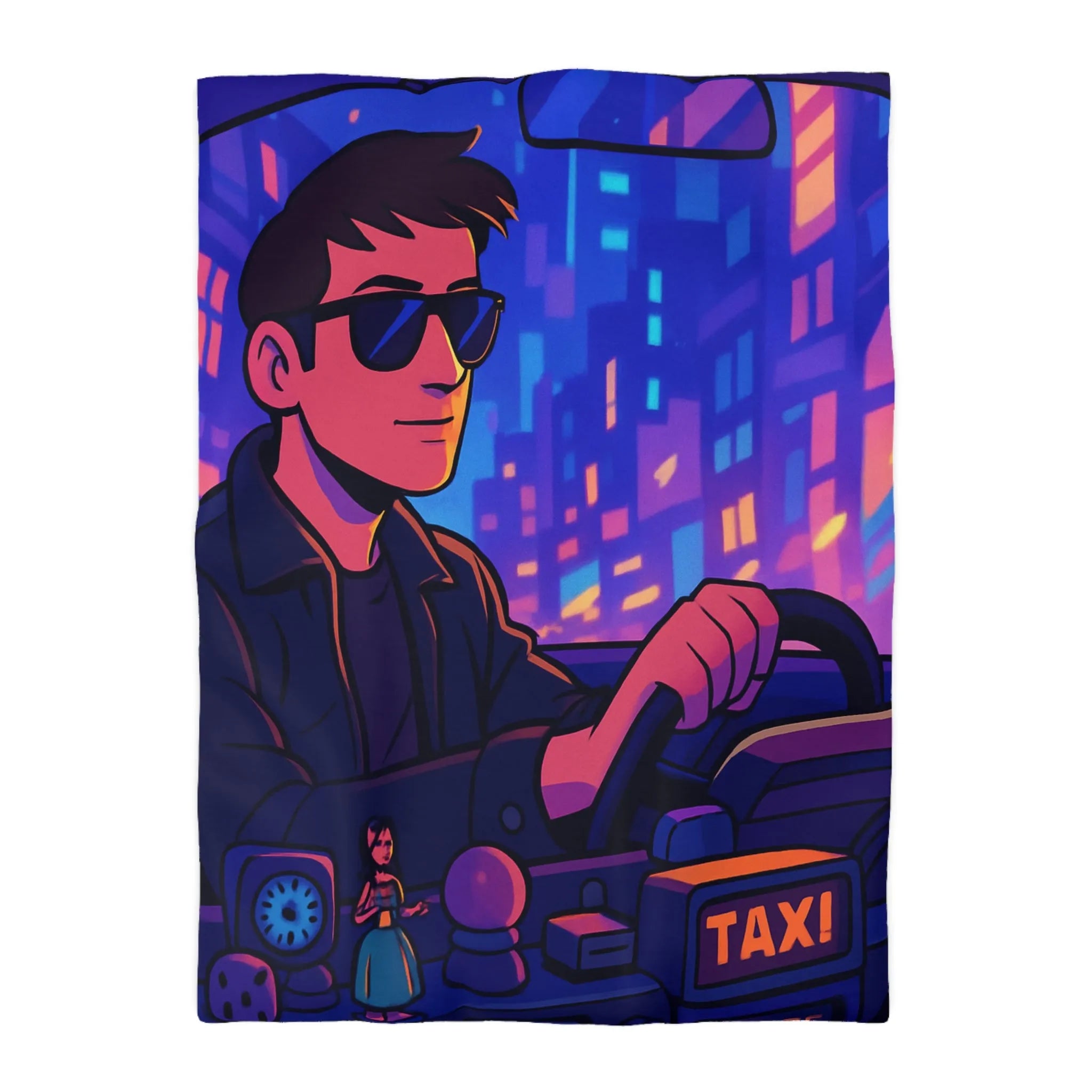 Housse de couette avec illustration rétro taxi urbain style néon pour chambre moderne