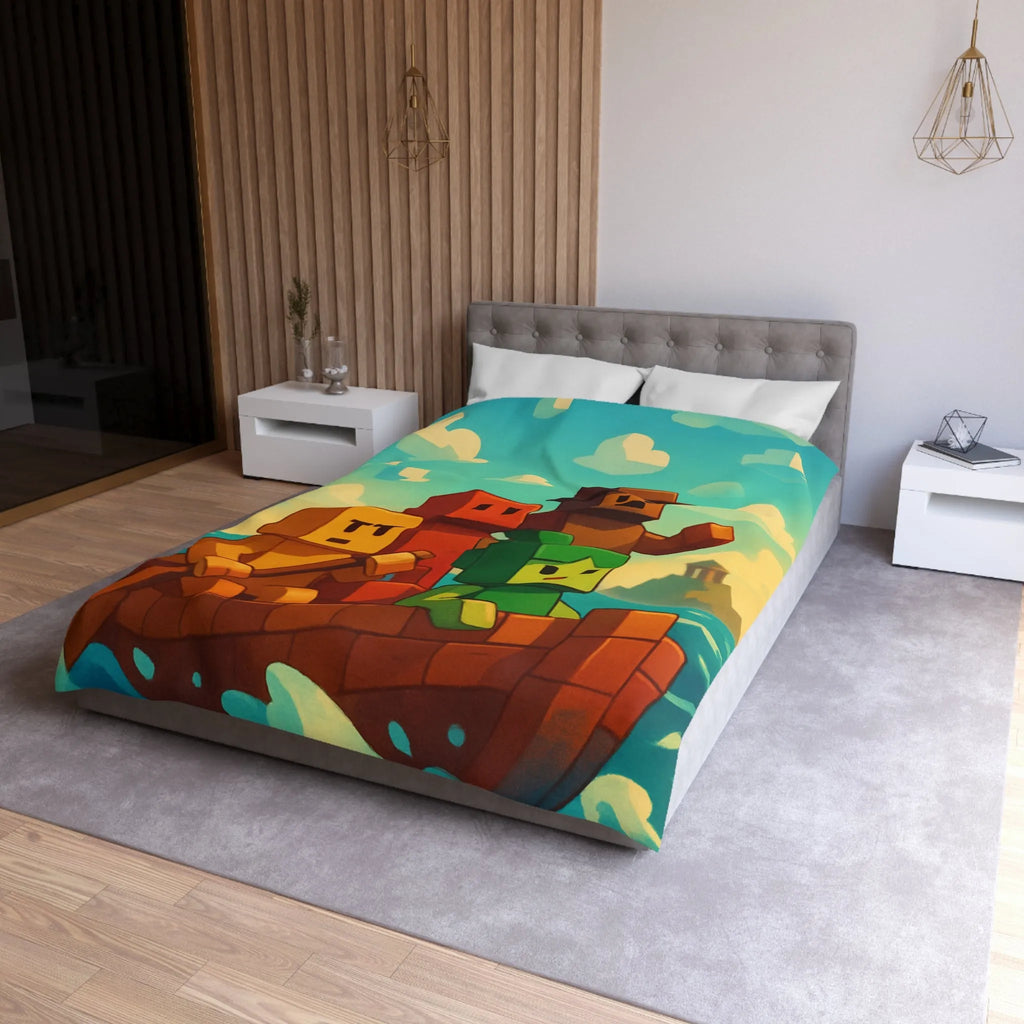 Housse de couette colorée avec personnages pixelisés sur un bateau en mer agité