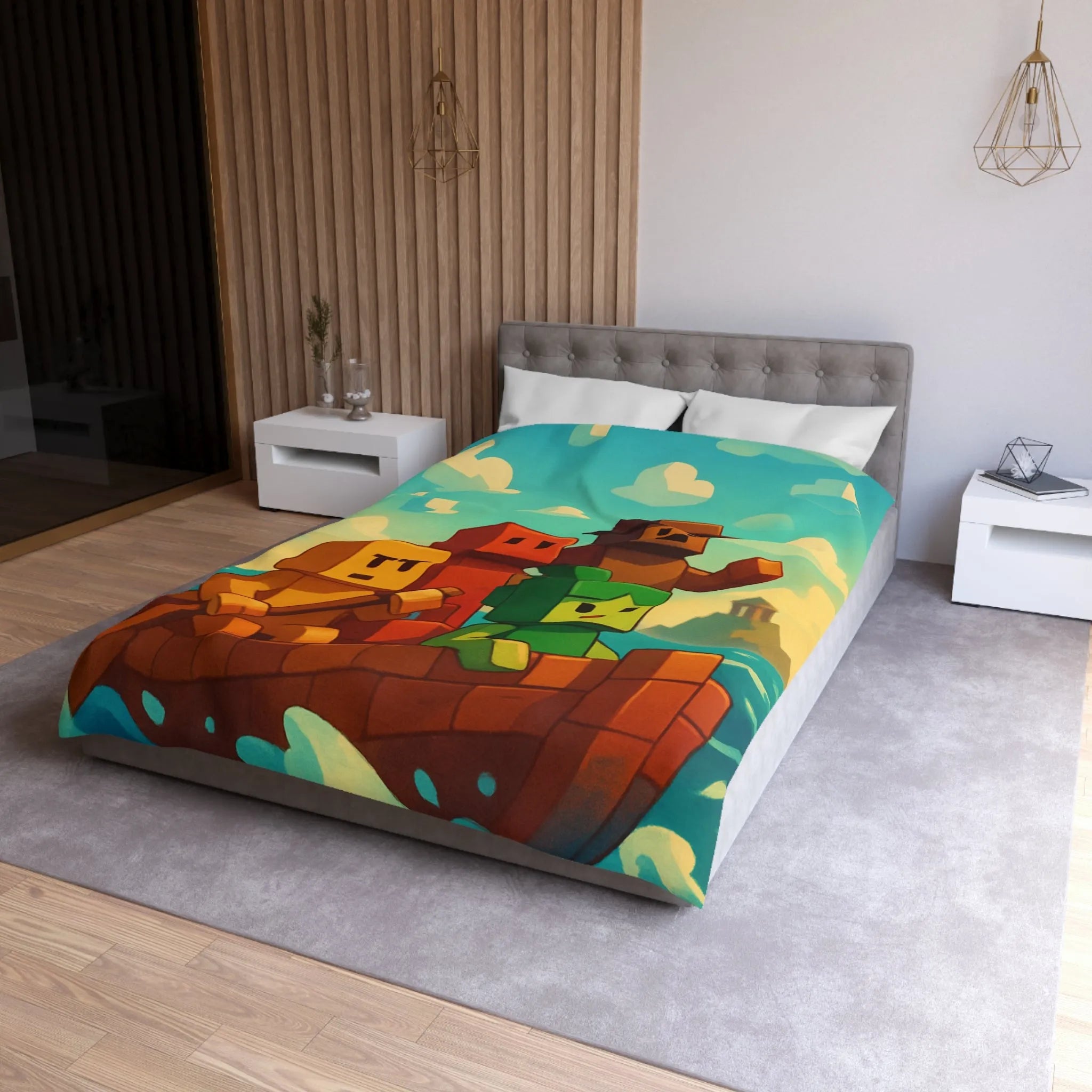 Housse de couette colorée avec personnages pixelisés sur un bateau en mer agité