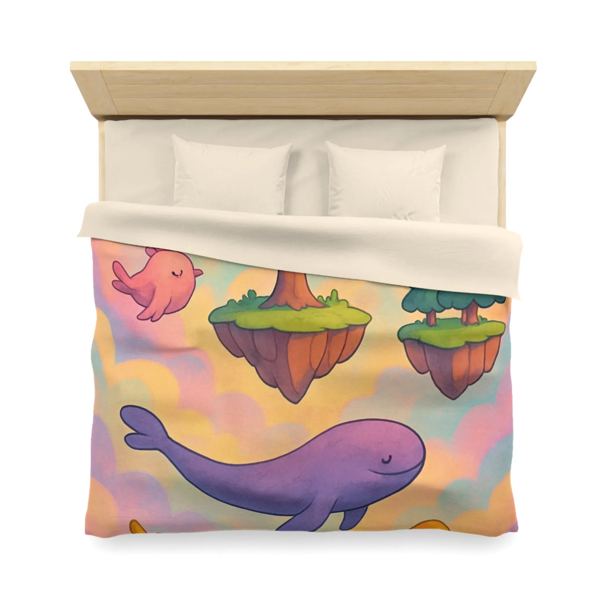 Housse de couette avec îles flottantes et créatures rêveuses dans un ciel magique