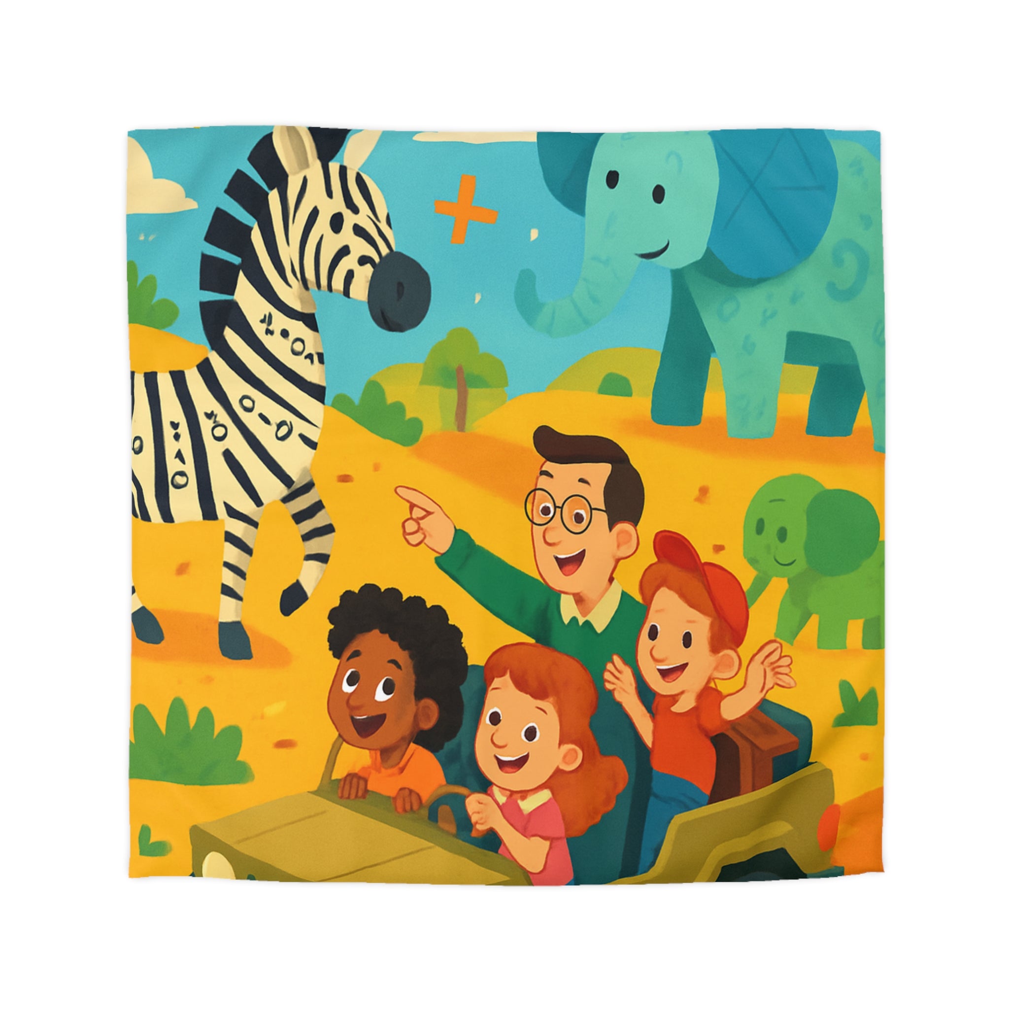 Housse de Couette Safari Éducatif avec Animaux Colorés et Enfants en Aventure