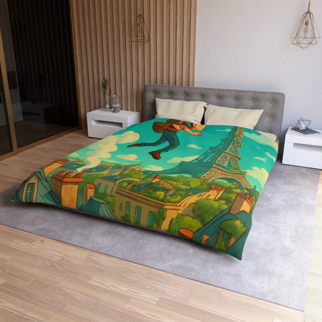 Enchanted Parisian Flight: Kid Floating Above Cityscape with Umbrella and Backpack