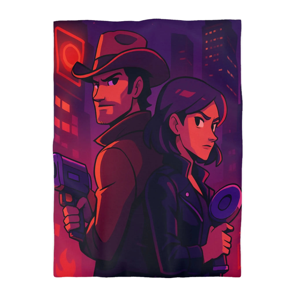 Housse de couette aventure urbaine avec duo de détectives dans néons lumineux