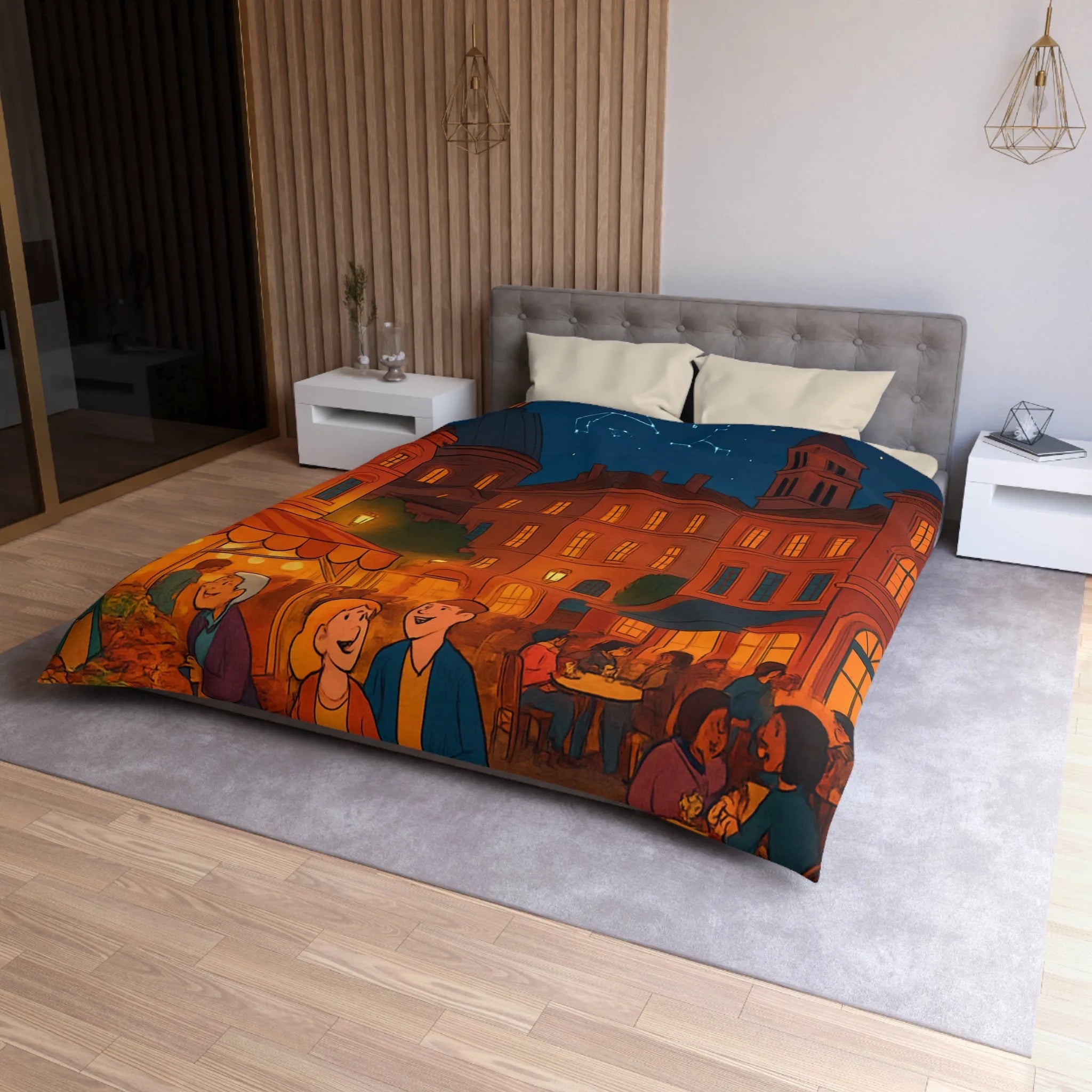 Housse de couette avec scène nocturne urbaine animée sous ciel étoilé