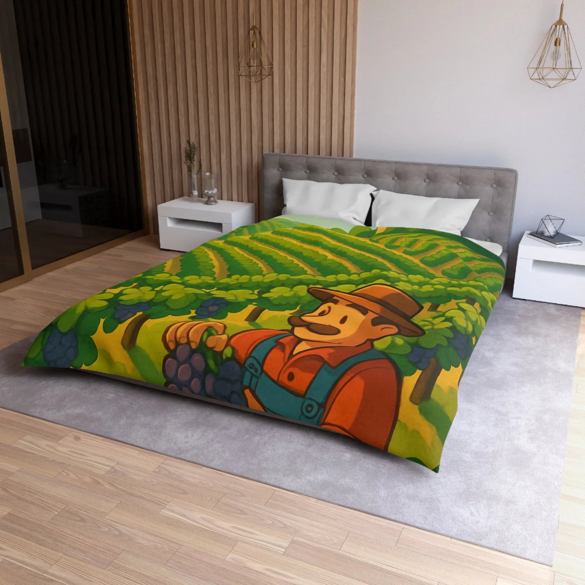 Housse de couette illustration de vendangeur dans un vignoble éclairé par soleil radieux