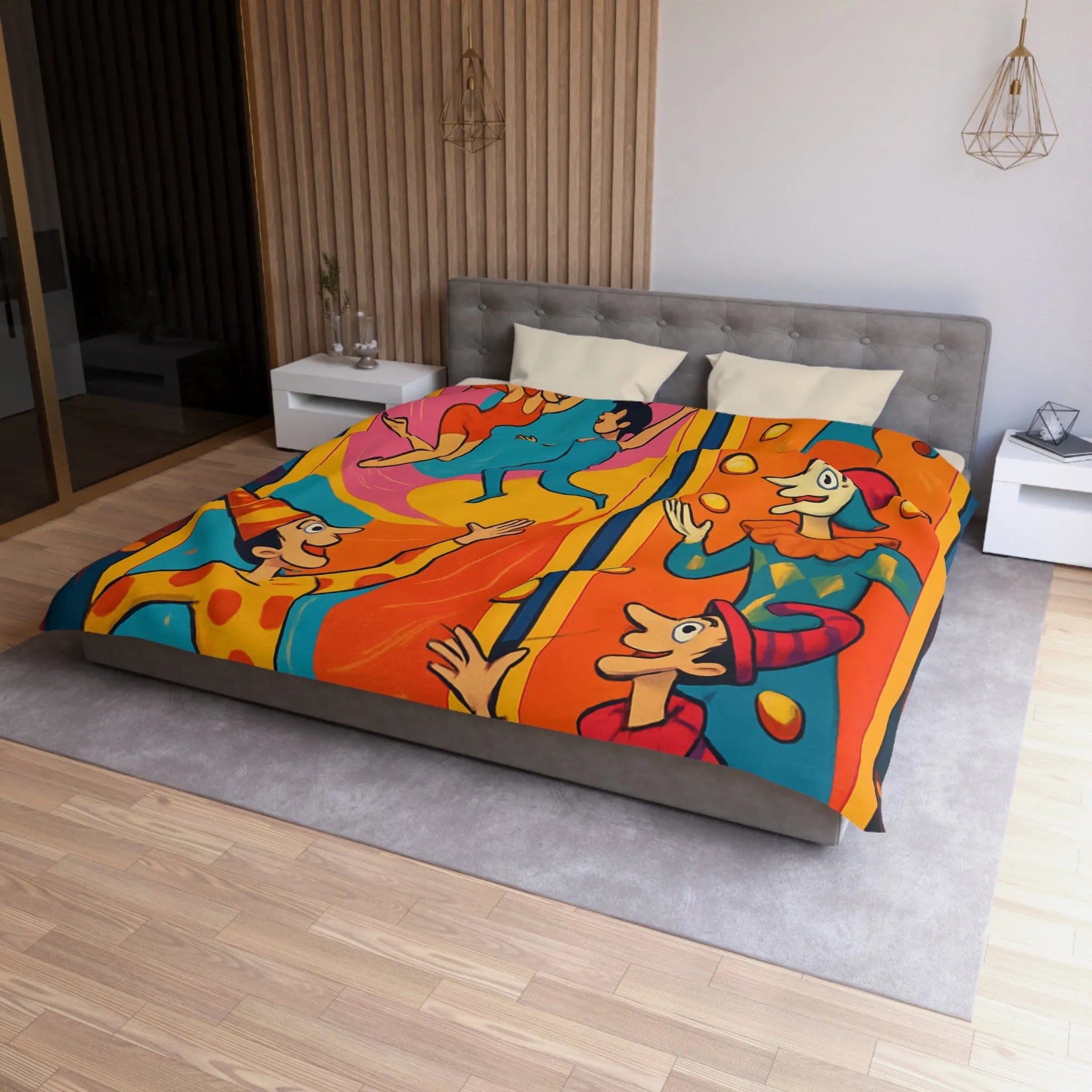 Housse de couette colorée avec jongleurs et acrobates, ambiance festive et joyeuse