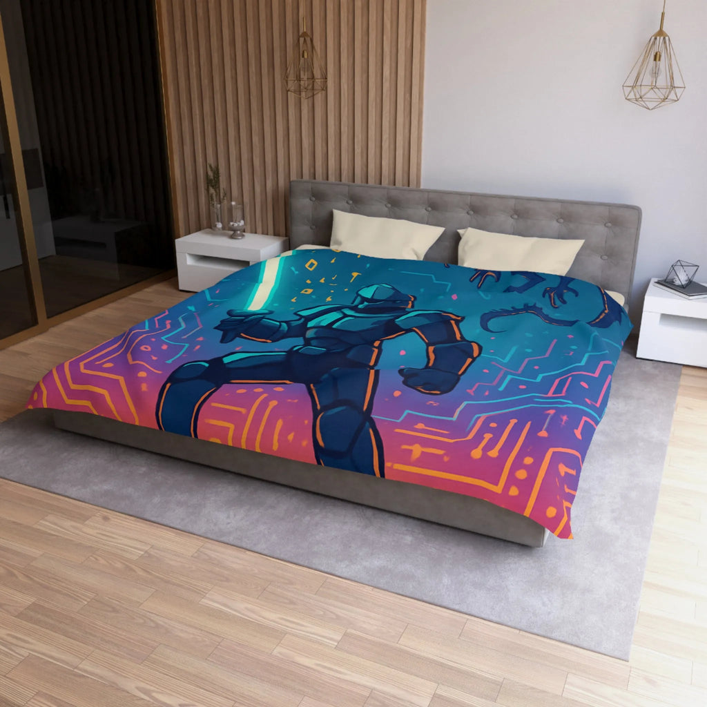 Housse de couette futuriste avec chevalier numérique et dragon volant coloré et épique