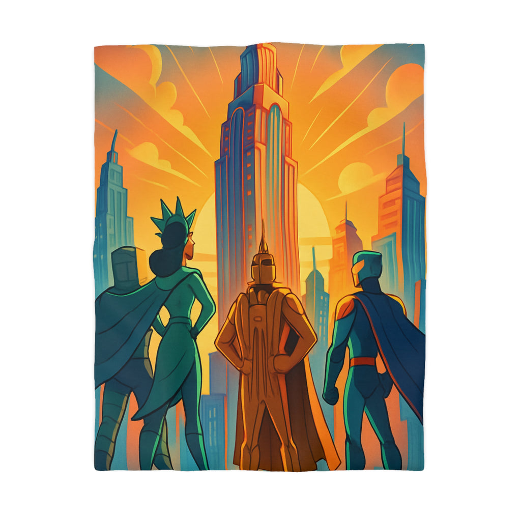 Super-héros courageux contemplant une ville moderne au lever du soleil urbain majestueux