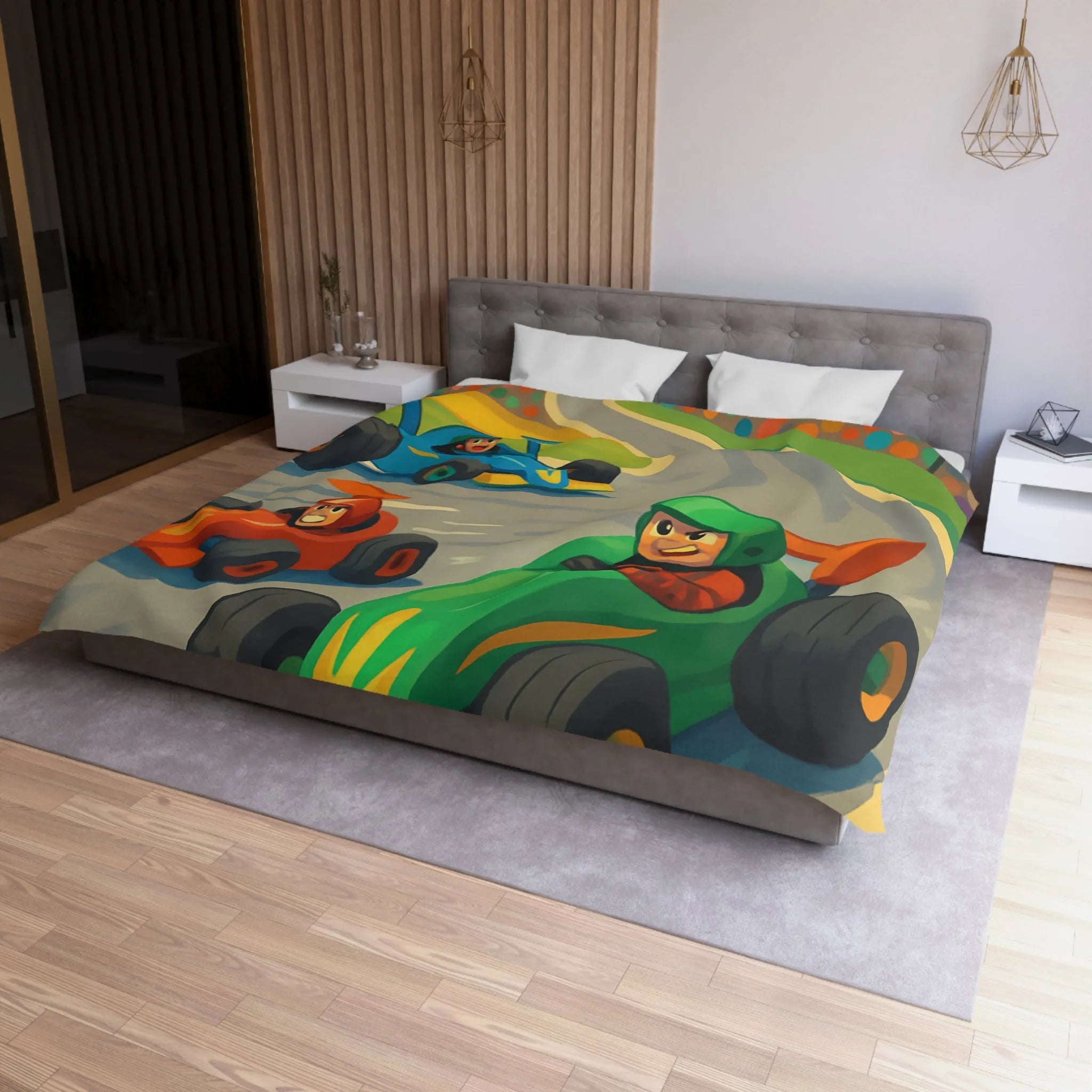 Housse de couette course de voitures pour chambre d'enfant ambiance rétro colorée