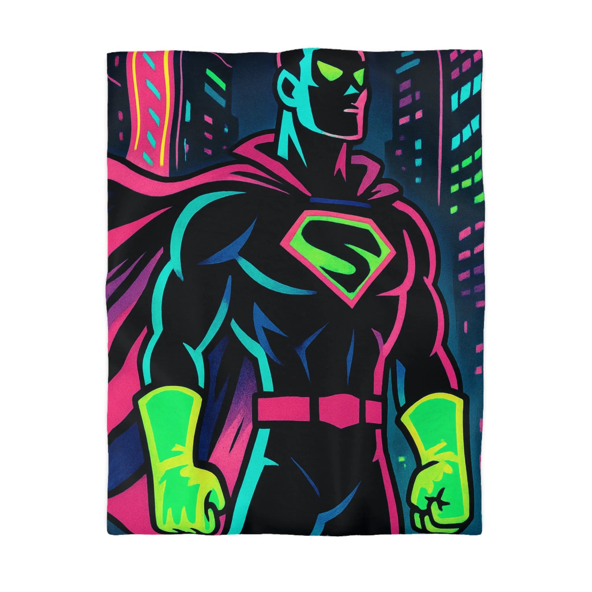 Housse de couette héros néon vibrant sur fond urbain lumineux et coloré