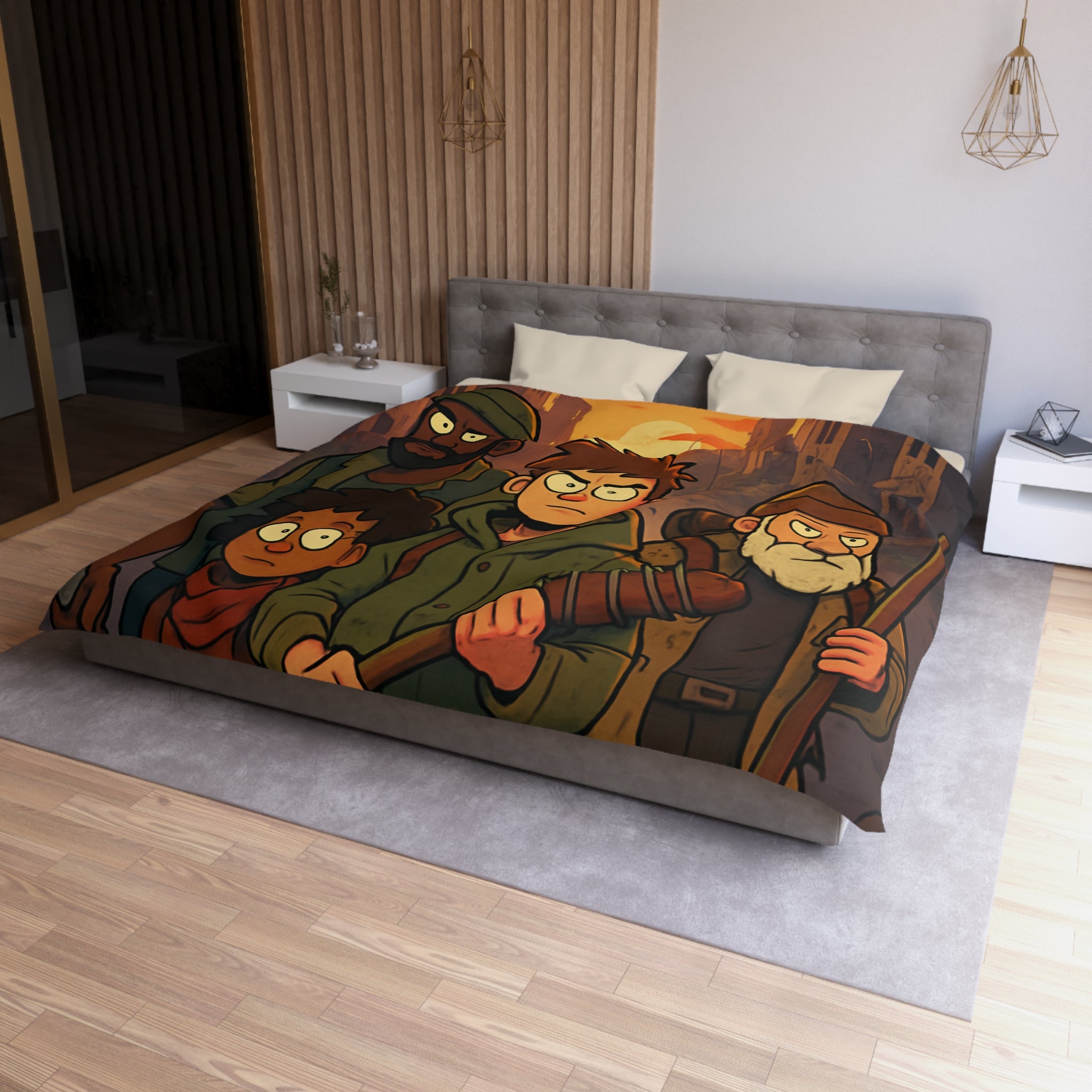 Parure de lit aventure urbaine avec ciel crépusculaire et bâtiments en ruines