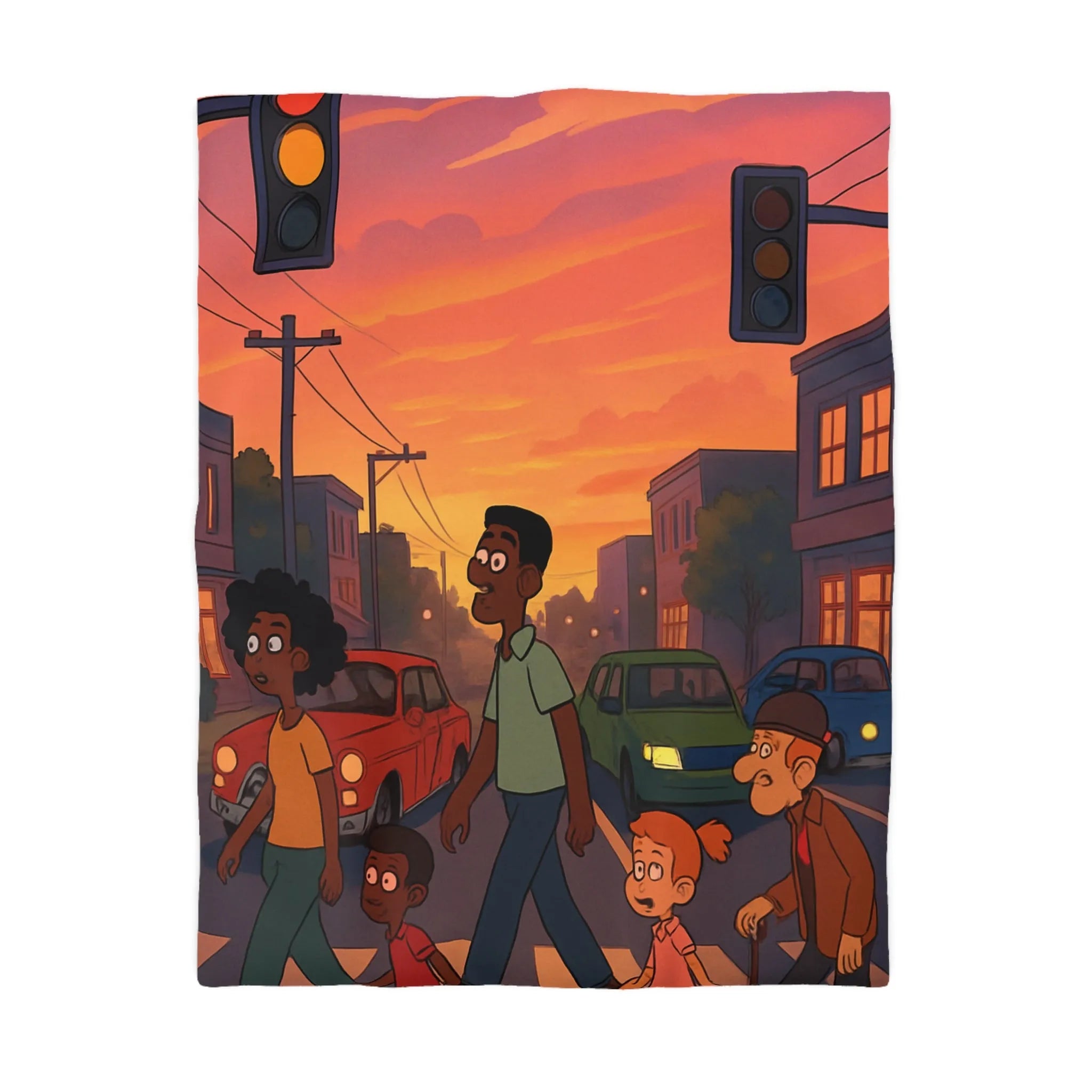 Housse de couette coucher de soleil urbain coloré, personnages divers traversant rue animée