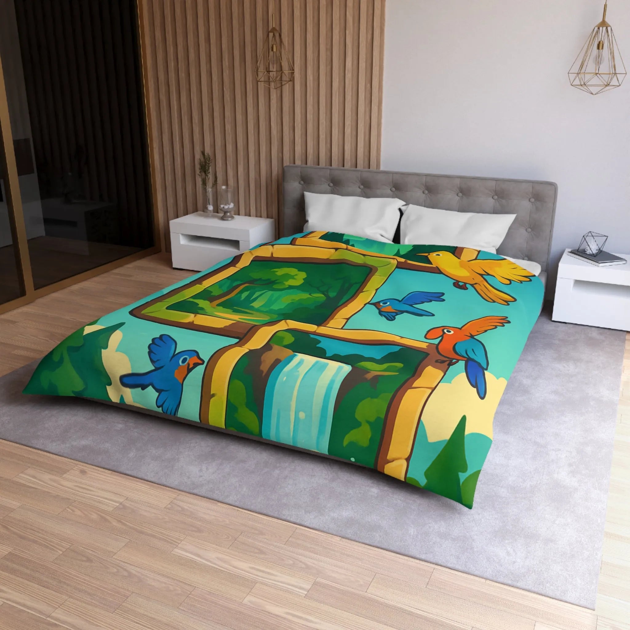 Housse de couette colorée avec oiseaux et scènes de nature paisible et dynamique