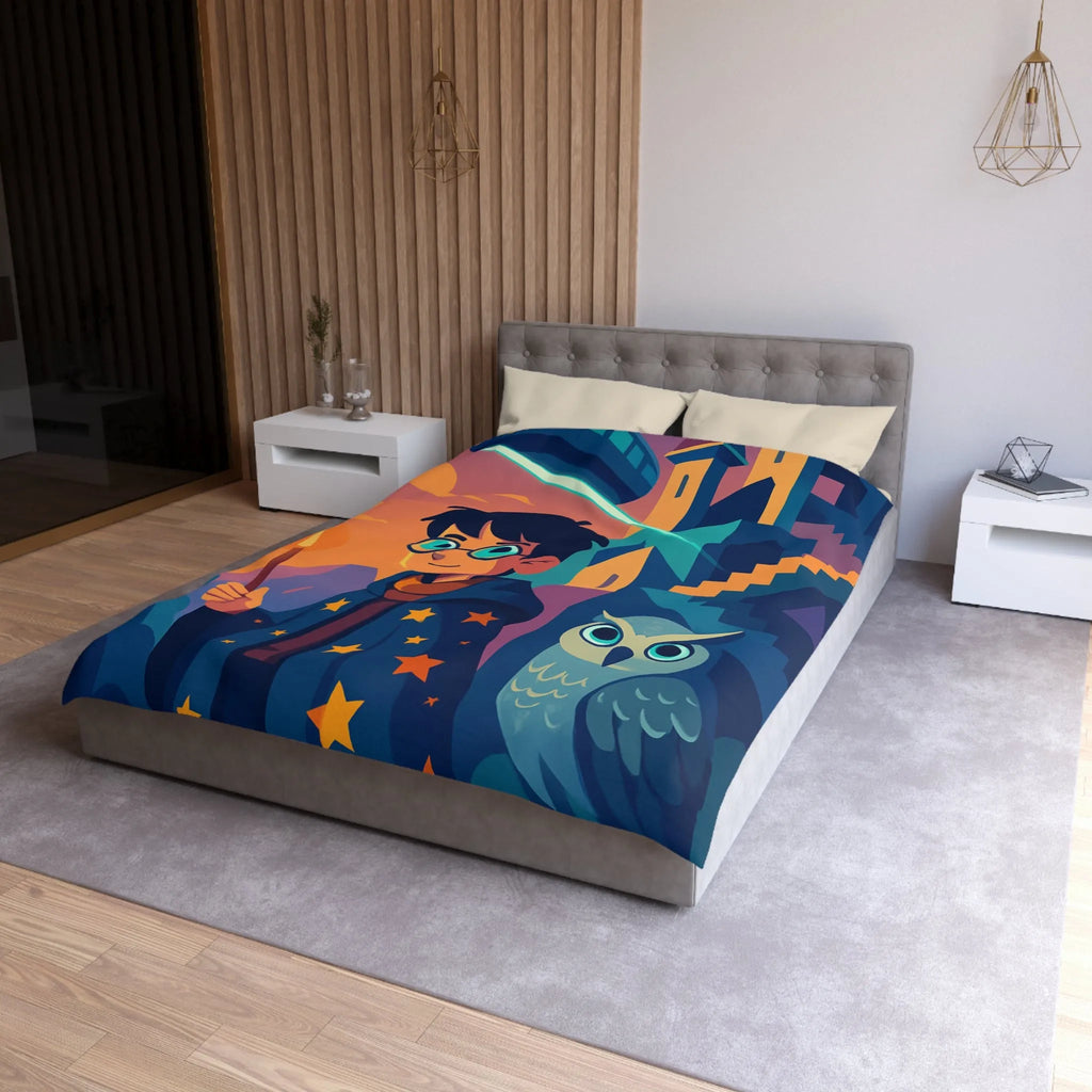 Housse de couette magique avec motif de garçon sorcier et hibou lumineux