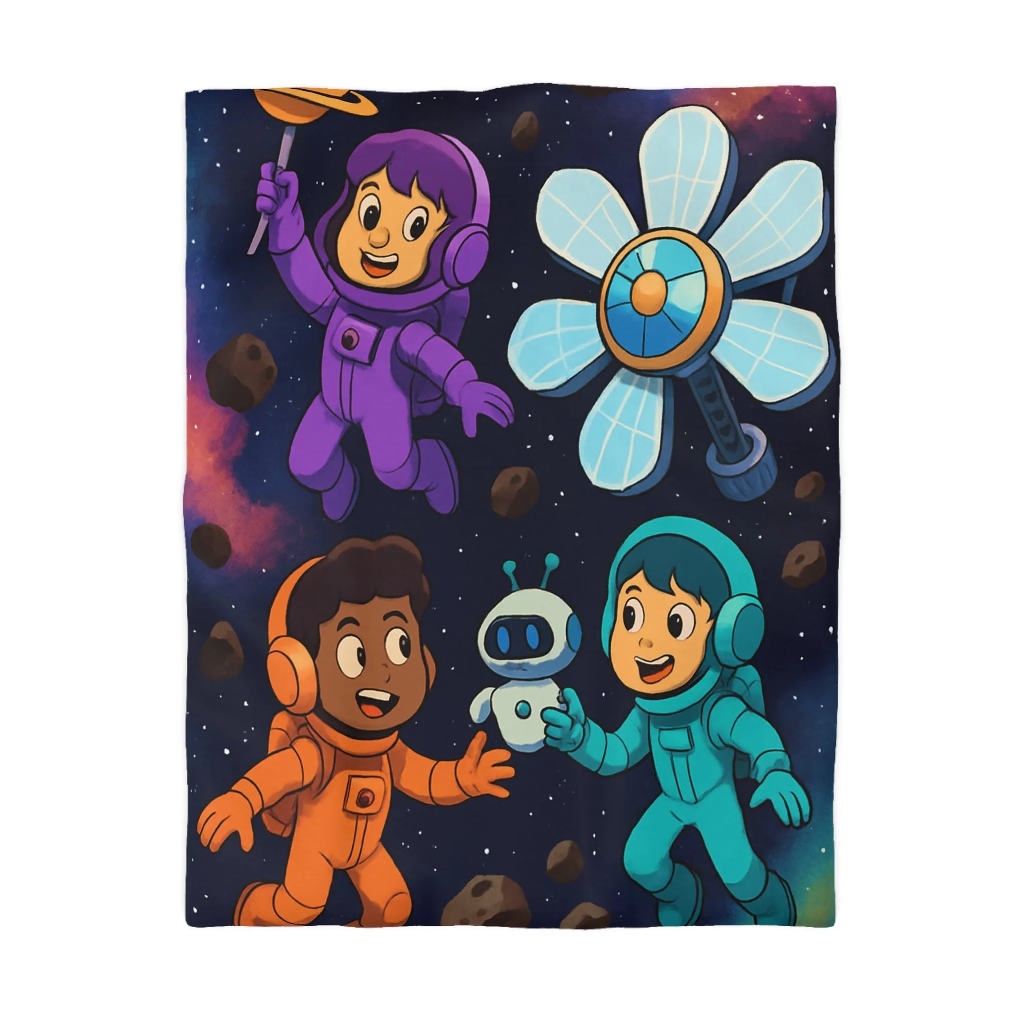 Housse de couette inspirée espace enfants, astronautes colorés, étoiles et planètes joyeuses