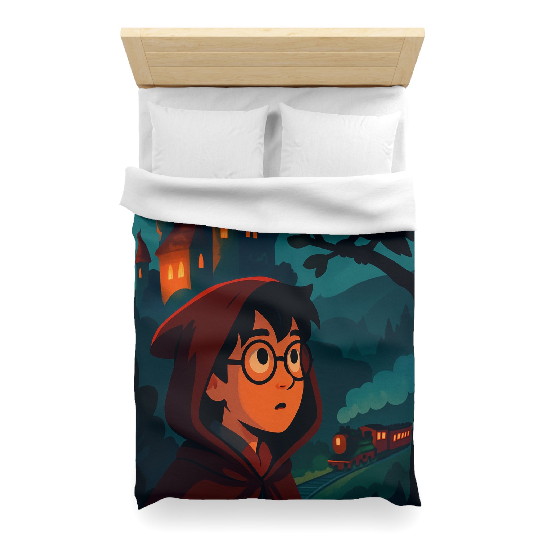 Housse de couette mystique avec château, héros et hibou pour chambre enchantée