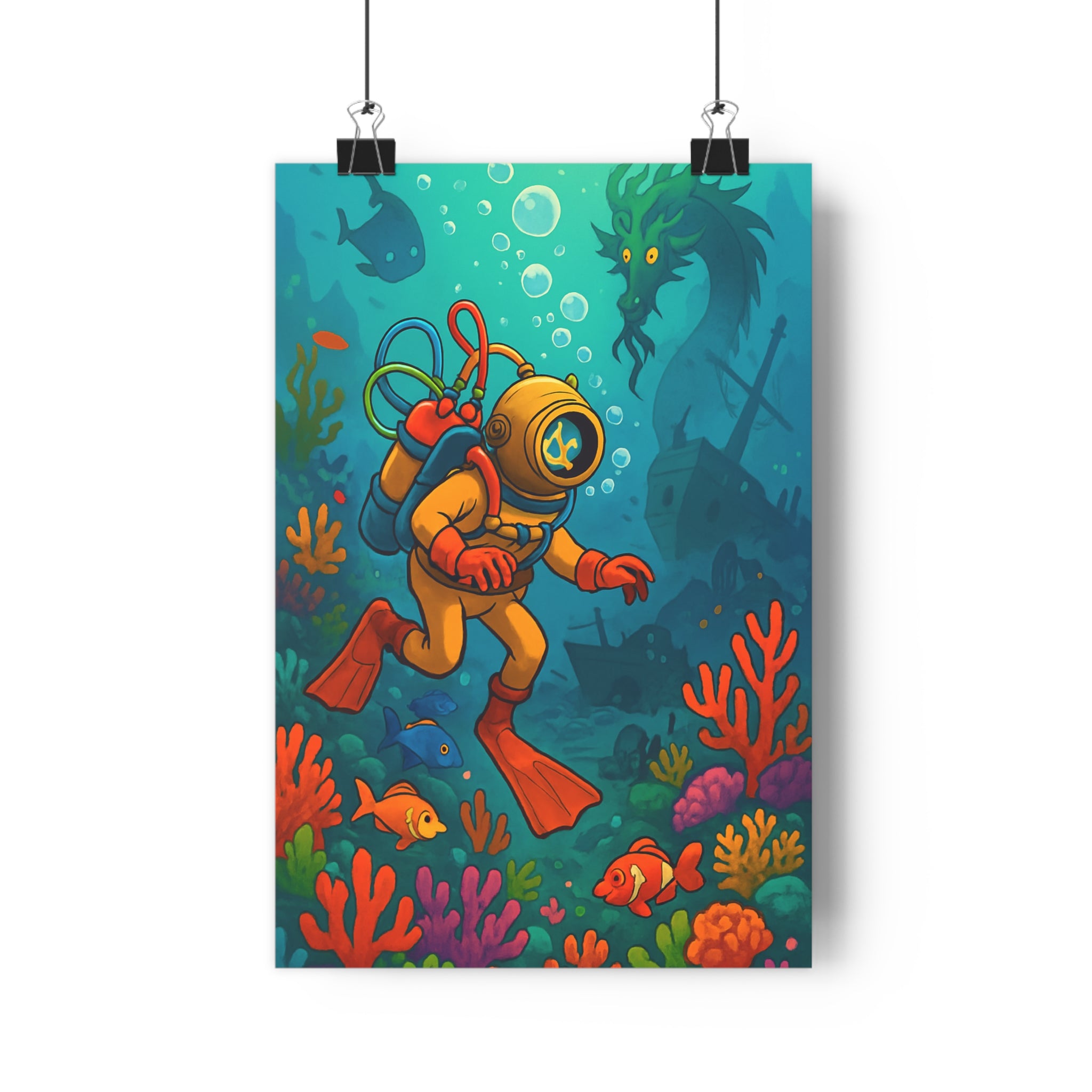 Poster décoratif animé sousmarin coloré mystique aventure enfant chambre poisson corail mer serpent vibrant