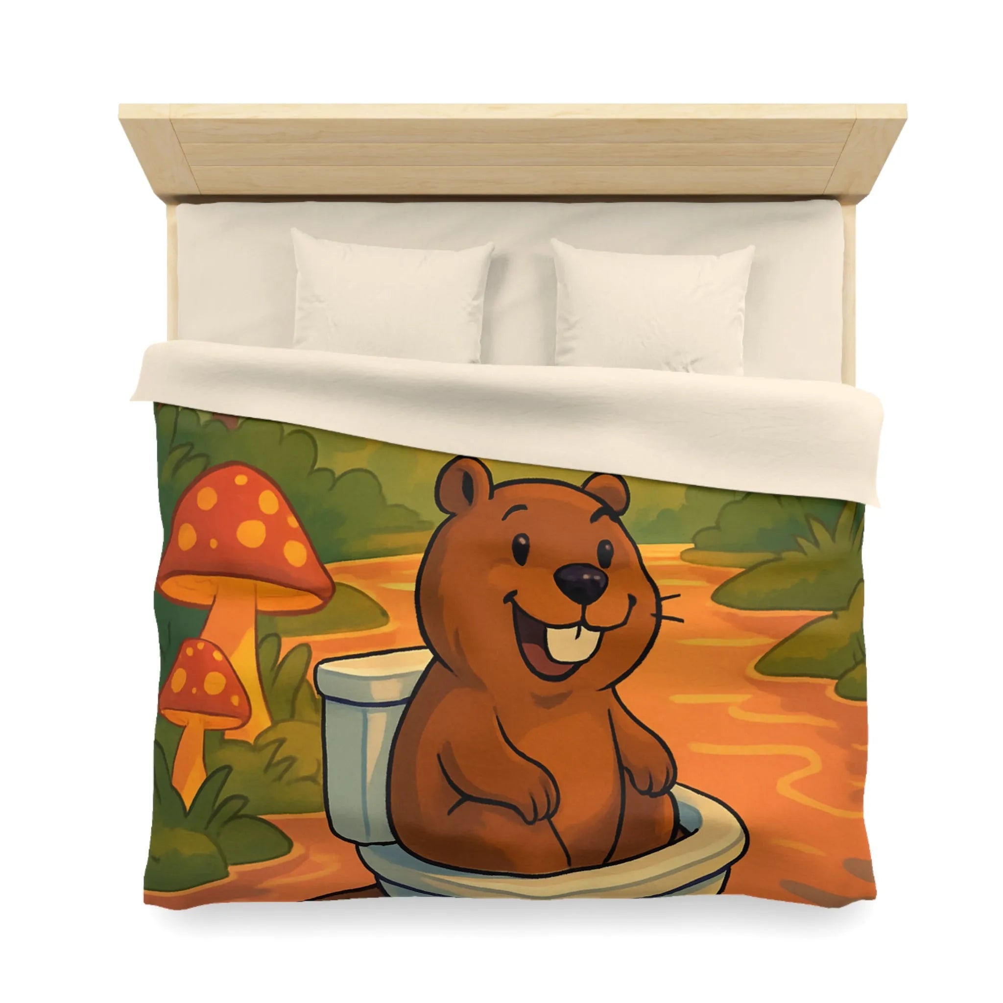 Housse de Couette Enfant Animée avec Castor Amusant et Paysage de Forêt Enchantée