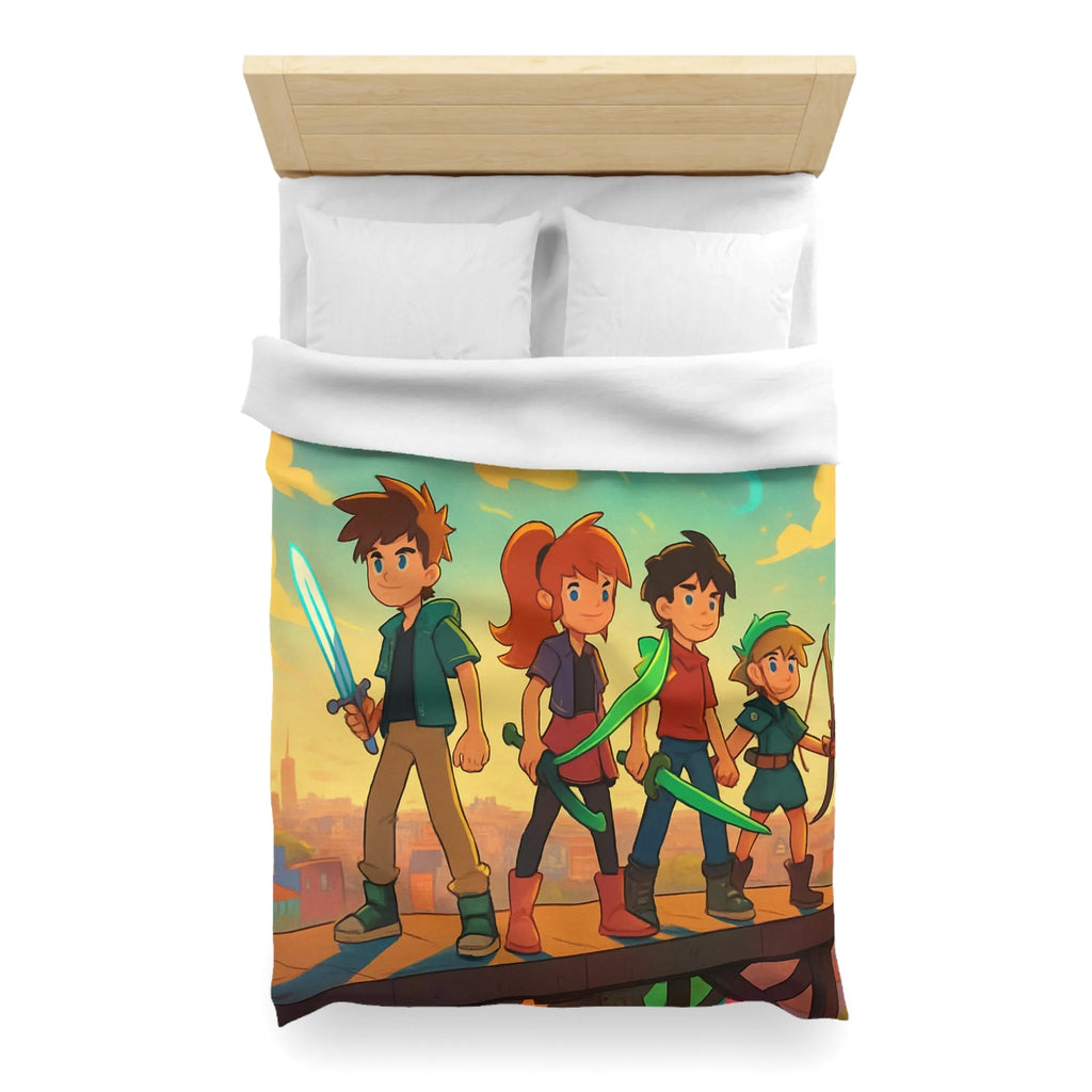 Housse de couette colorée avec quatre héros et ciel étoilé multicolore