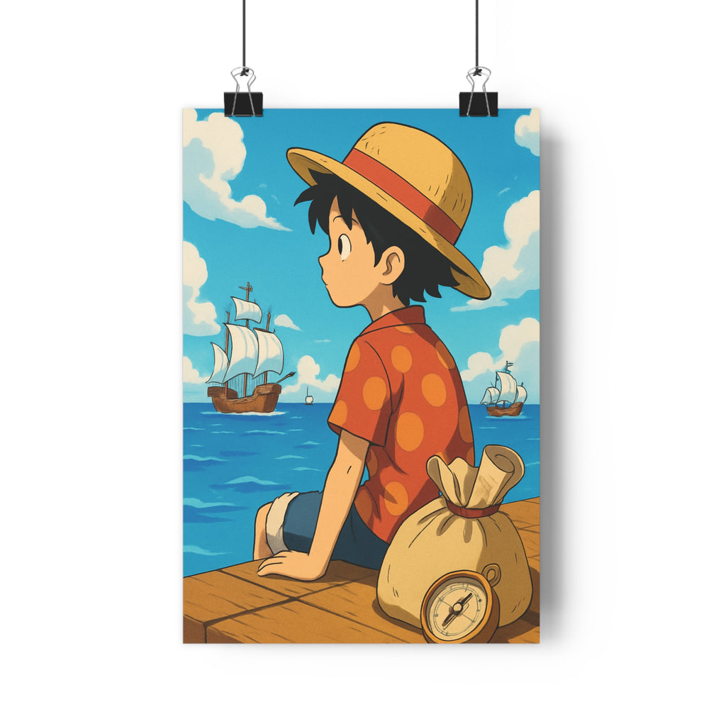 Poster décoratif cartoon océan bleu orange aventure détente chambre enfant exploration nautique boussole voiliers