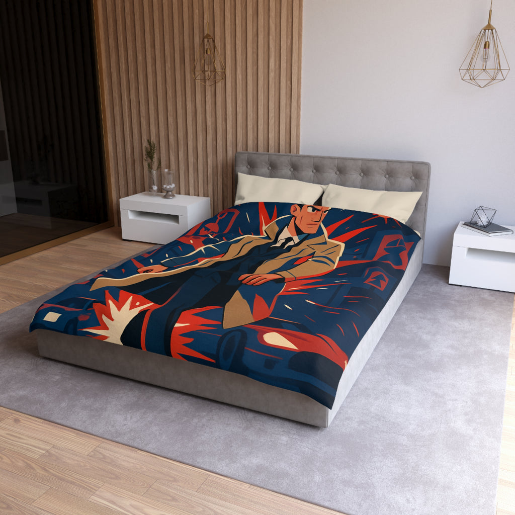 Housse de couette rétro style espion urbain avec homme et ambiance dramatique