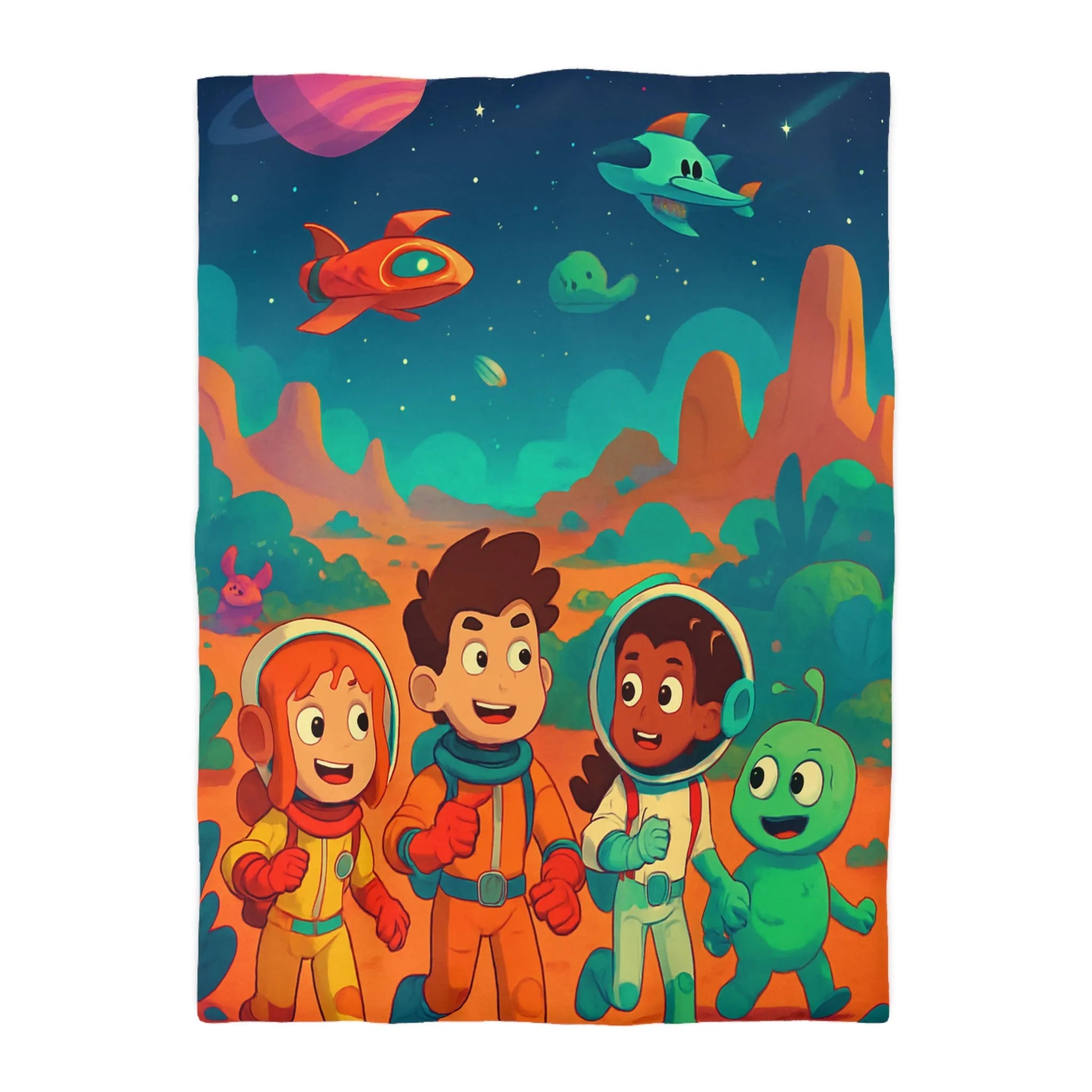 Housse de couette espace enfants, design coloré avec astronautes et paysages interstellaires