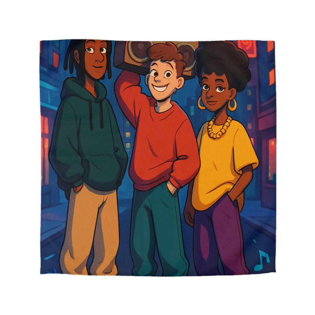 Housse de couette urbaine colorée avec adolescents et radio cassette dans la rue nocturne